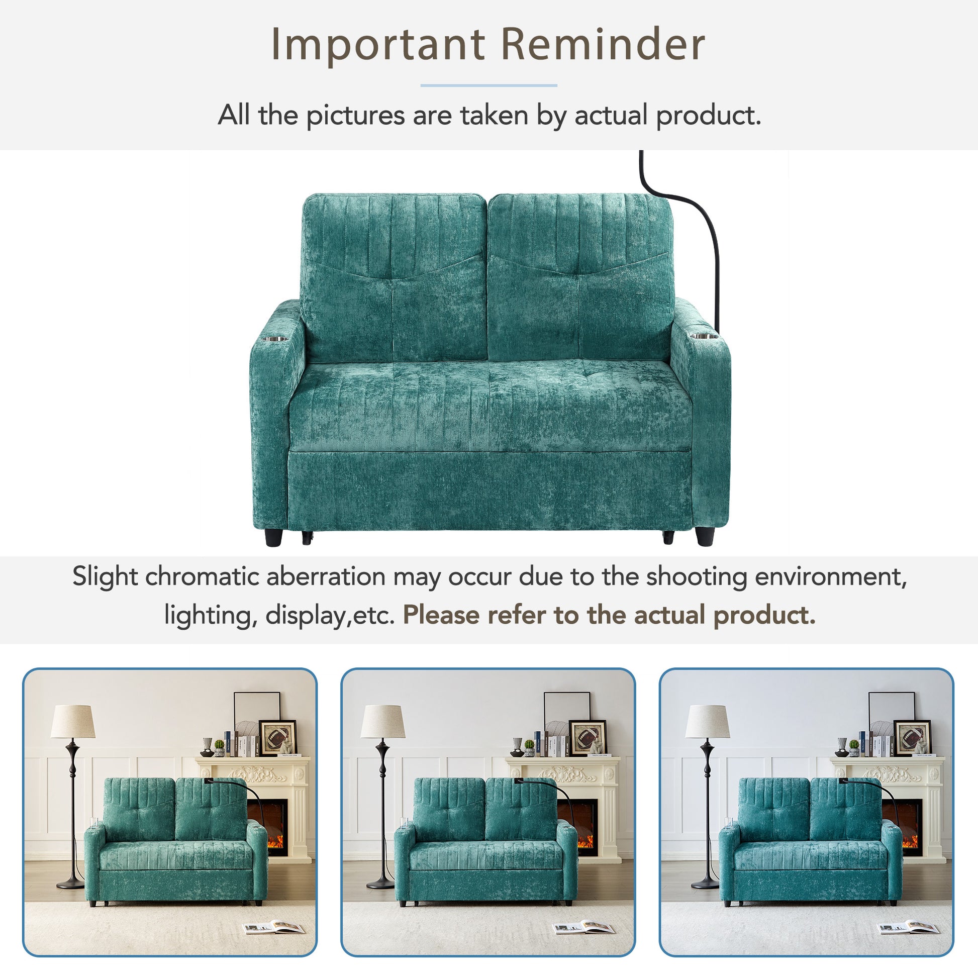 53.9" Modern Loveseat Pull Out Sofa Bed With Adjustable Backrest, Two Cup Holdersa Phone Holder, Three Charging Ports And Side Storage Pockets For Living Room, Teal Teal Foam Chenille