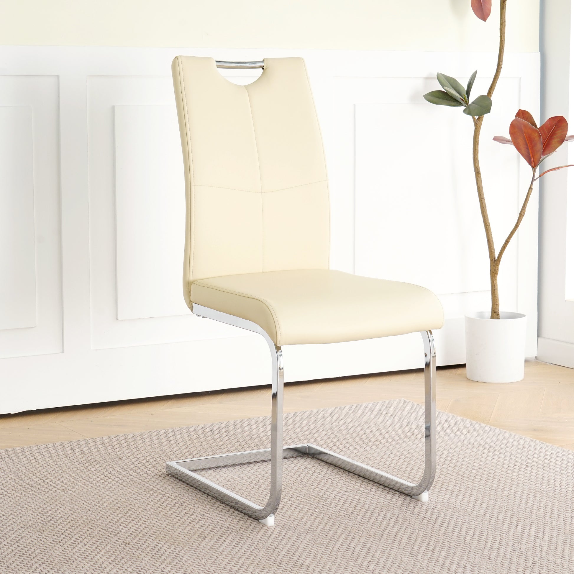 Modern Pu Dining Chair Living Room Chair Upholstered Chair, Electroplated Metal Legs Design, Kitchen, Living Room, Bedroom, Dining Room Side Chair Set Of 2 Cream Metal