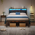 Full Size Metal Platform Bed Frame With Adjustable Upholstered Headboard, Charging Station, Led Lights, Noiseless, Black And Brown Box Spring Not Required Full Antique Brown Bedroom Metal