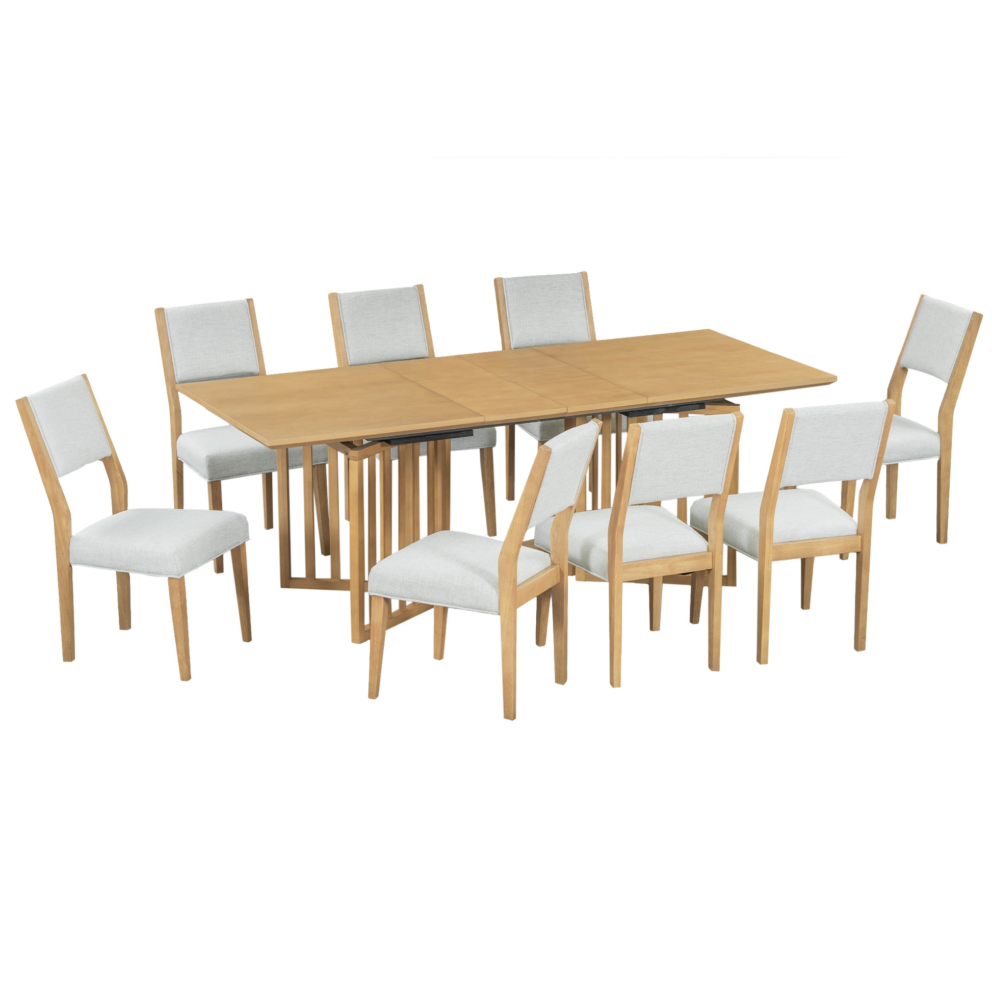 Farmhouse 9 Piece 83.9Inch Extendable Dining Table Set With 2 12 Inch Removable Leaves And 8 Upholstered Dining Chairs, Natural Wood Dining Room Solid Wood Rubberwood Rectangular Dining Table With Chair Upholstered Chair Wood Natural Seats 8 Removable