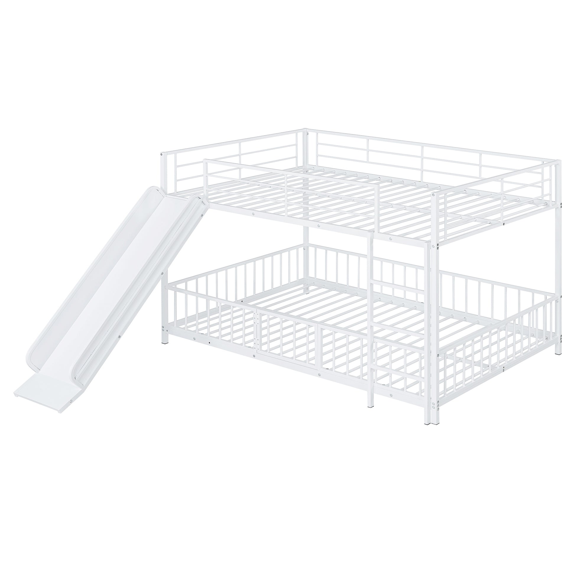 Full Over Full Size Metal Bunk Bed With Slide And Guardrails, White Full White Metal