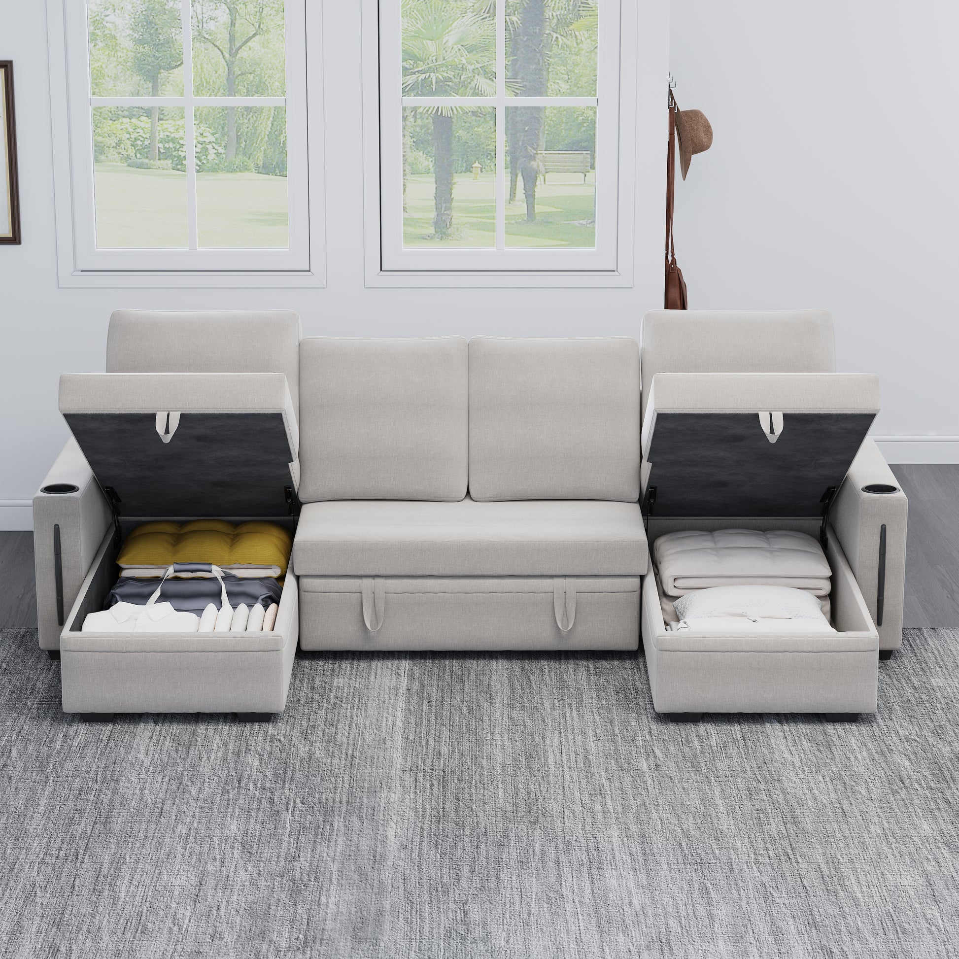 Sectional Sofa With Storage, 96" U Shaped Sectional Couches For Living Room, Comfy Convertible Sectional Sofa Beige Beige Linen Wood Primary Living Space Cushion Back Soft Modern Eucalyptus Square Arms Foam Linen 4 Seat
