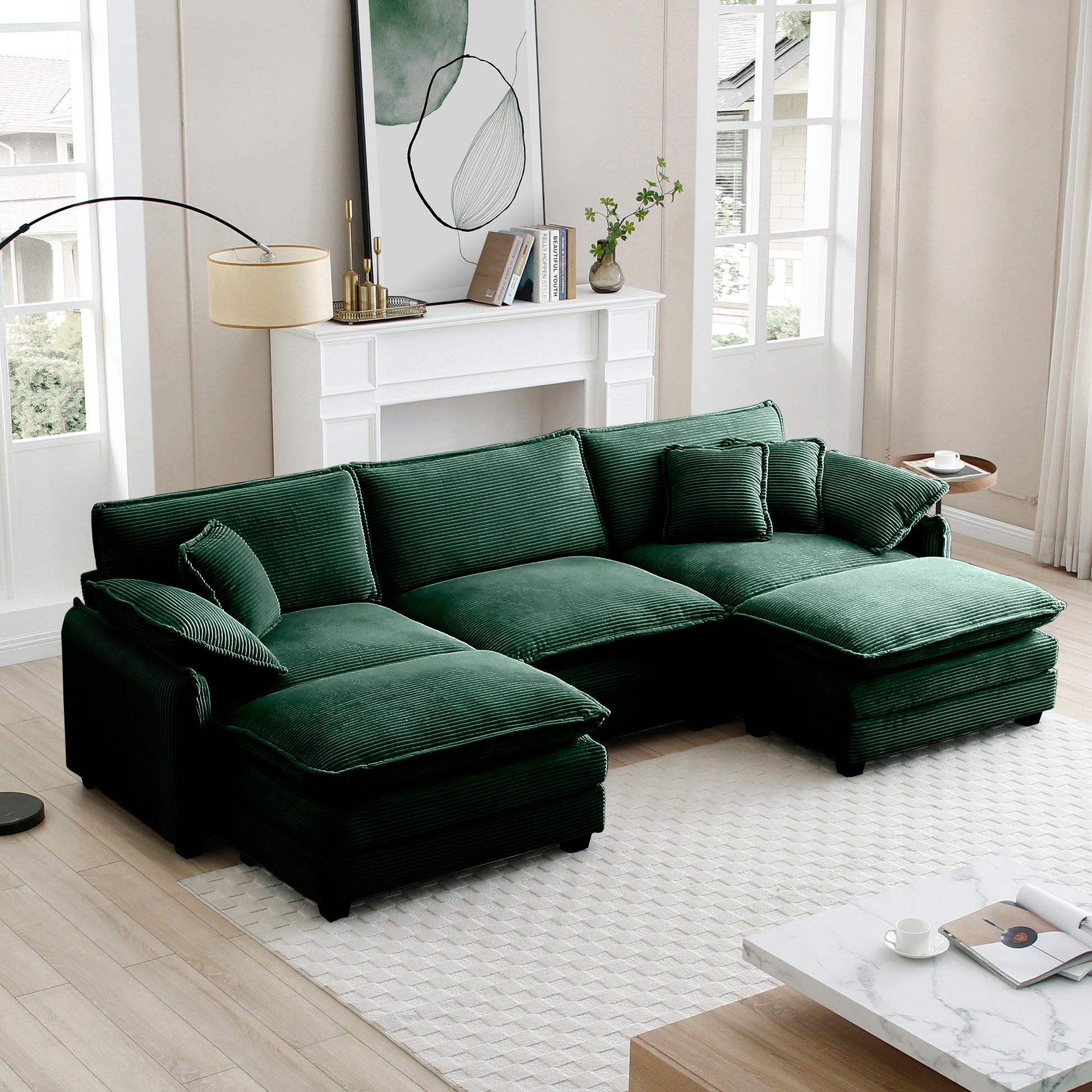 Oversized Modular Cushioned Sofa With Conversible Ottoman, 3 Seater Sofa With 2 Footstools, U Shape Sofa Ingreen Corduroy Fabric Green Corduroy 3 Seat