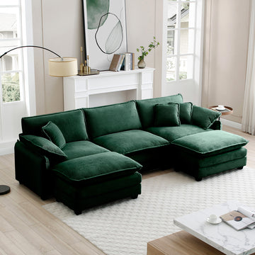 Oversized Modular Cushioned Sofa With Conversible Ottoman, 3 Seater Sofa With 2 Footstools, U Shape Sofa Ingreen Corduroy Fabric Green Corduroy 3 Seat
