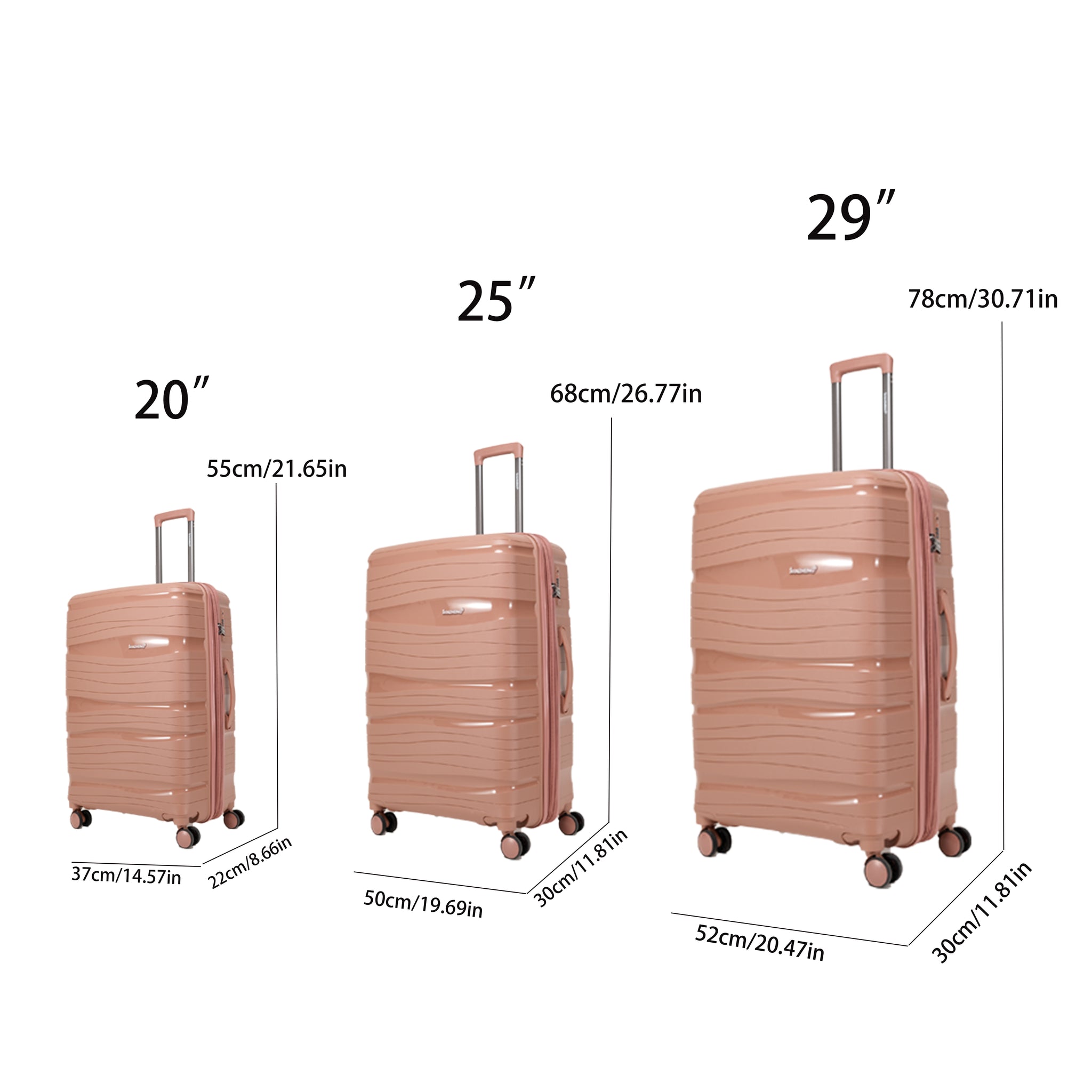 Long Holiday Luggage Set, 3 Piece Set 20 Inches, 25 Inches, 29 Inches Polypropylene Hand Luggage, With Password Lock And Rotating Wheel Hard Luggage Suitcase Rose Gold Polypropylene