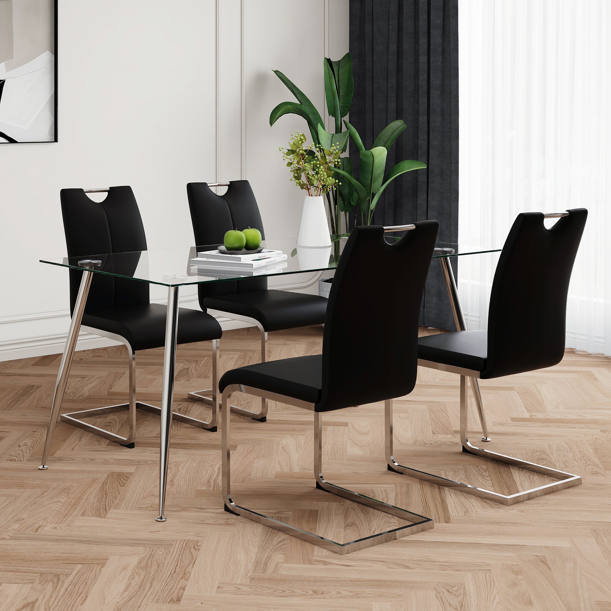 Modern Simple Rectangular Glass Dining Table, Solid Tempered Glass Tabletop, Electroplated Table Legs, Black Pu Dining Chair Set, Suitable For Restaurant Kitchen Use Set Of 5 Upholstered Chair Glass Black Pu Seats 4 Metal Rectangular Dining Table With