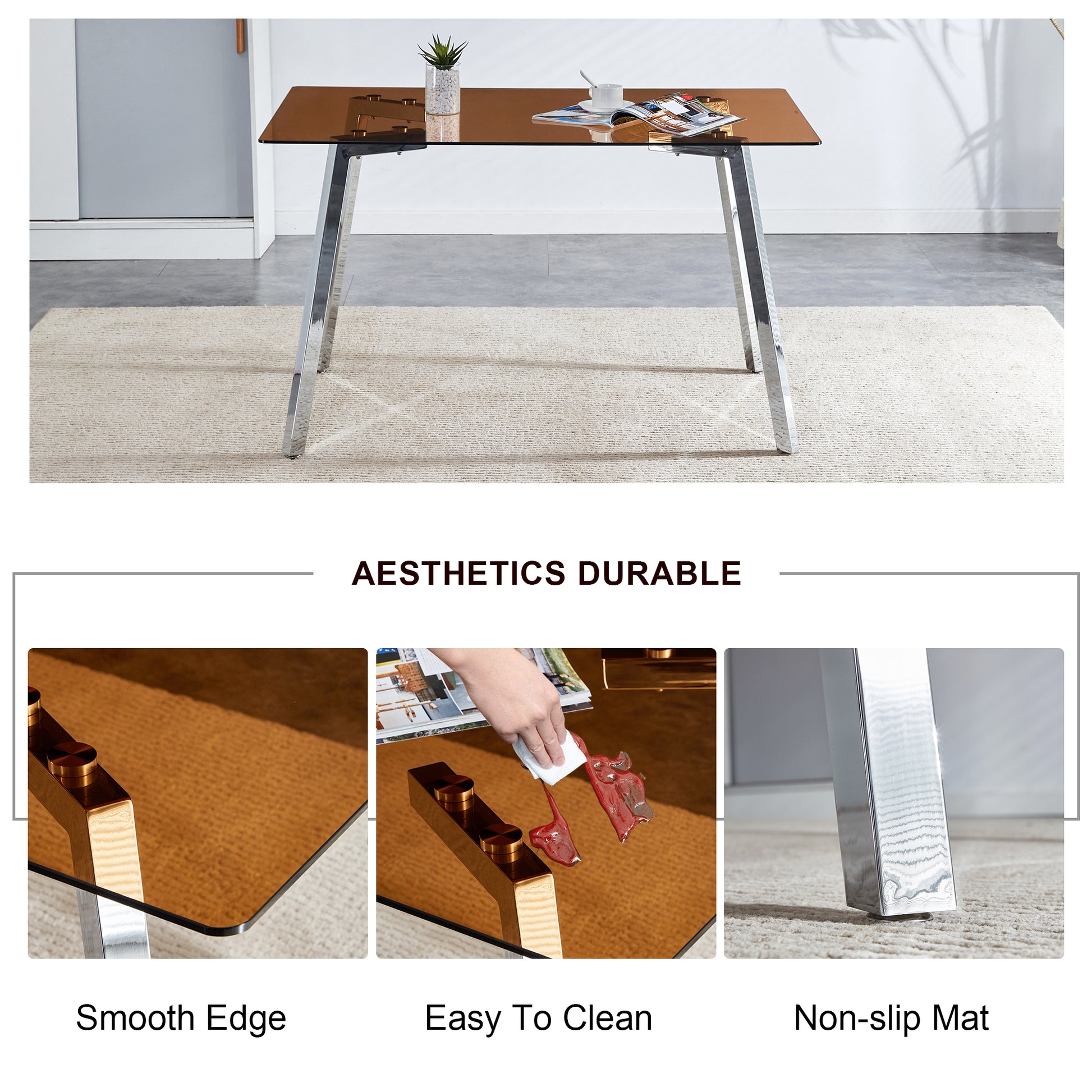 Table And Chair Set. Large Modern Rectangular Table With Brown Glass Top And Silver Metal Legs. It Comes With Soft And Comfortable Pu Seats, Faux Leather Upholstered Seats And Silver Metal Legs. Black,Brown Seats 4 Glass Metal