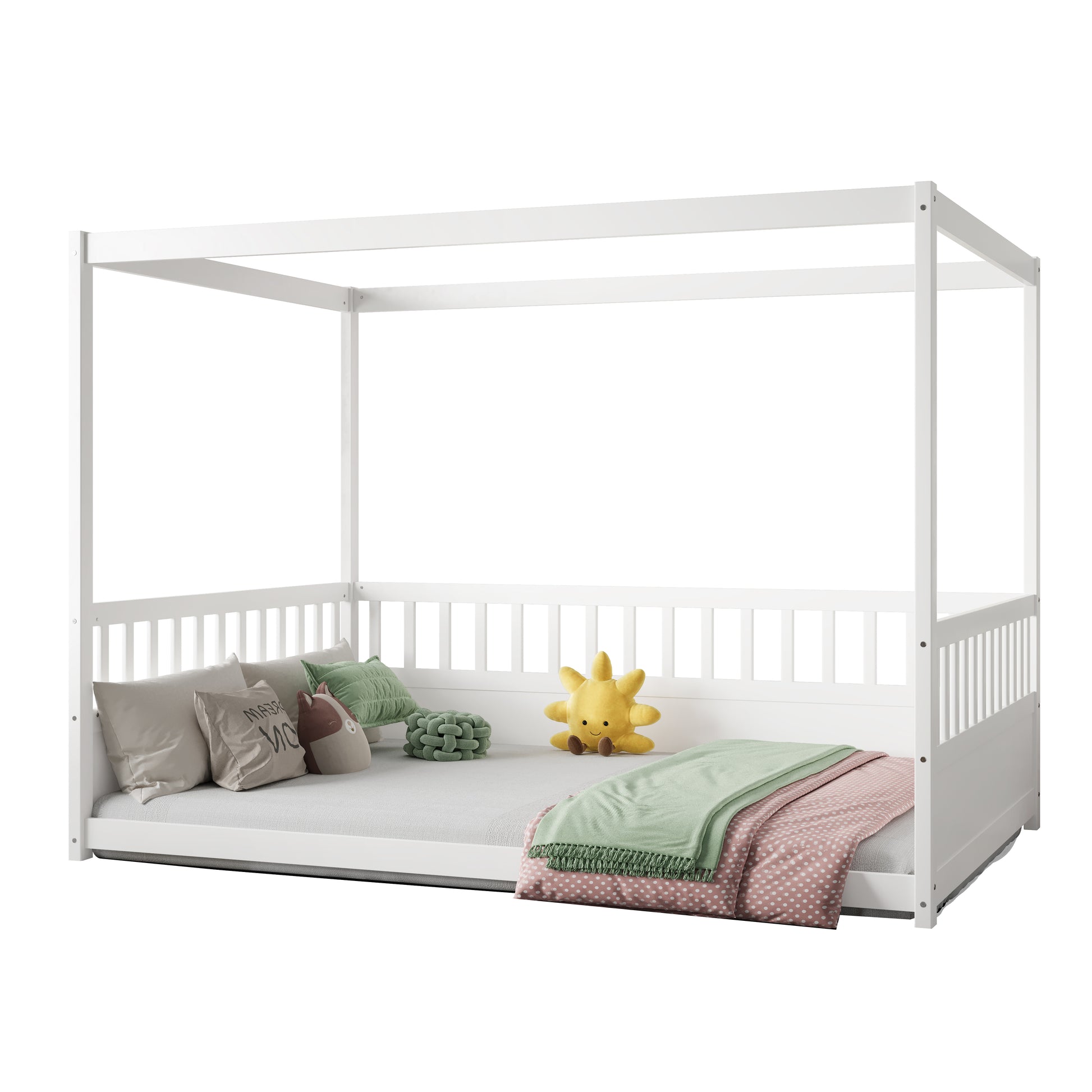 Full Size Canopy Bed Frame With Guardrails For Kids,Floor Bed Full With Four Poster Design,Kids Montessori Floor Bed,Wood Canopy Bed Frame For Girls,Boys Full,White Box Spring Required Full White