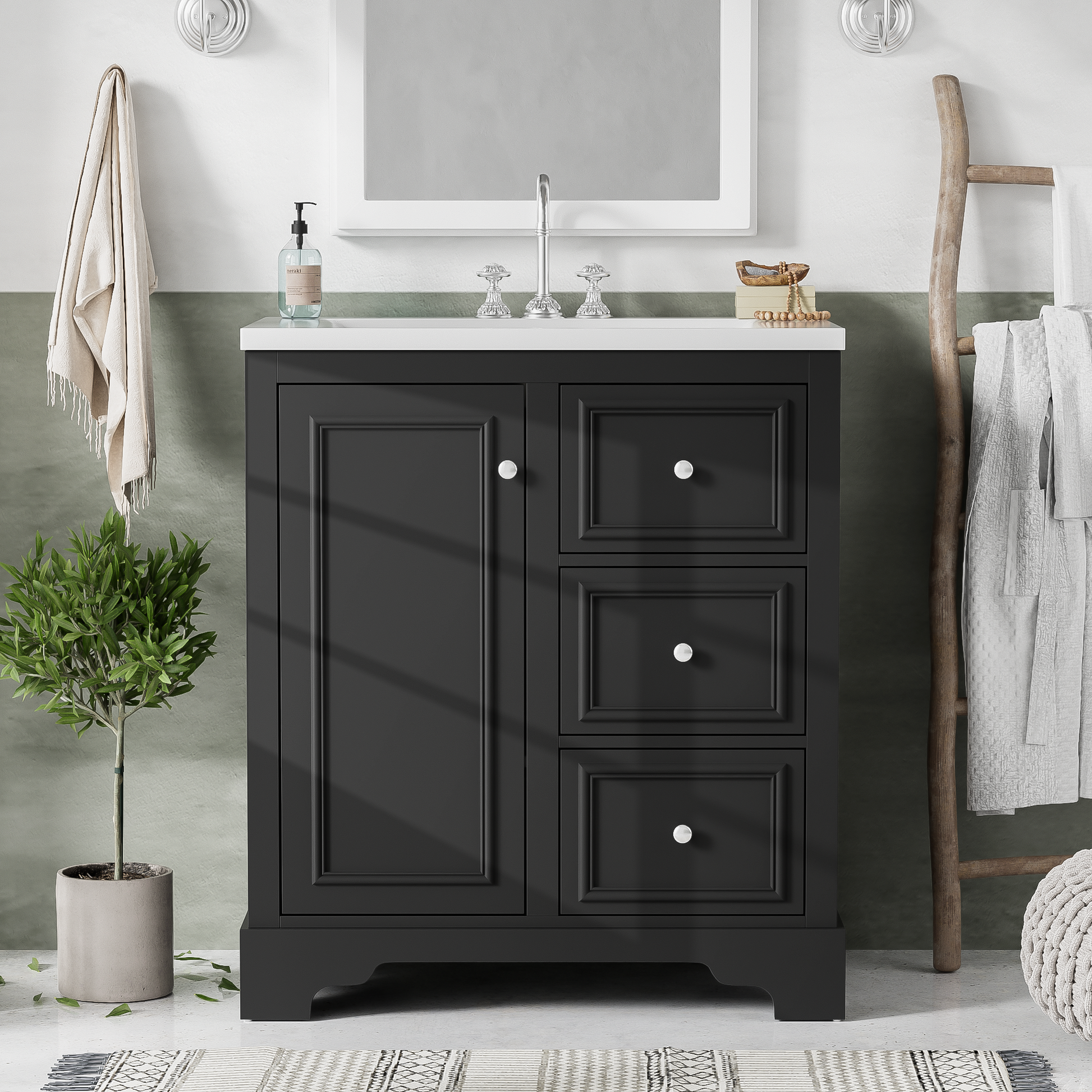 30 Inch Bathroom Vanity Cabinet With Ceramic Basin, 3 Drawers And Adjustable Shelves Black Bathroom Solid Wood Mdf