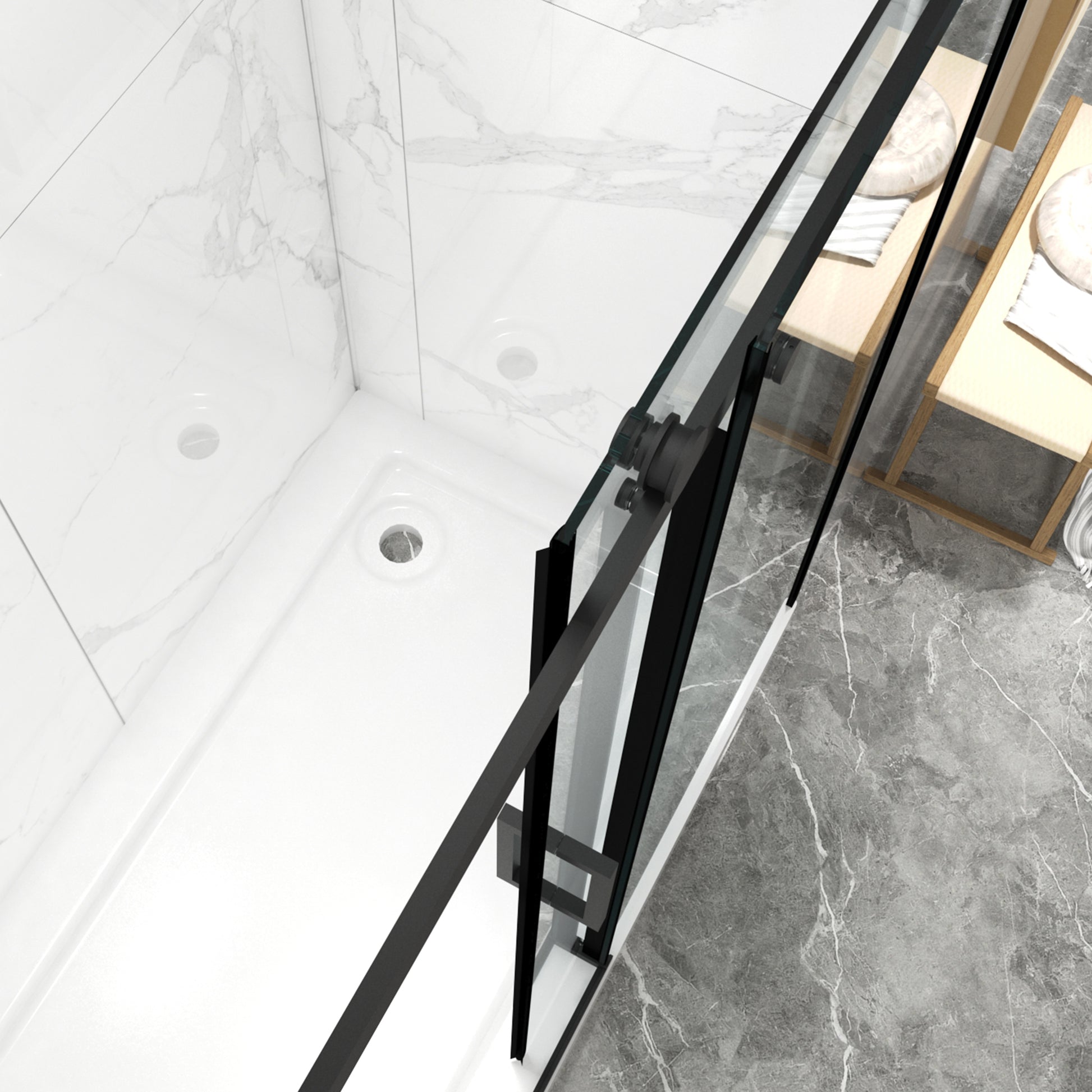 56" 60"W X 70"H Frameless , Sliding , With Premium 5 16" 8Mm Thick Tempered Glass Shower Enclosure,Double Side Easy Clean Coat,Matte Black Finished With Buffer Matt Black Bathroom American Design