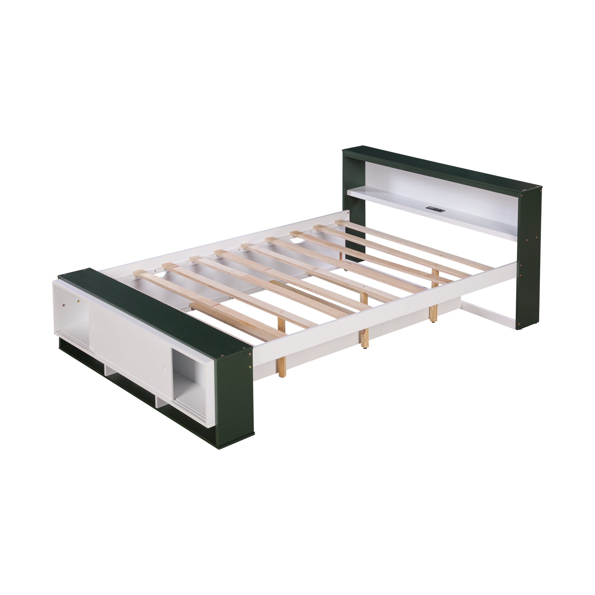 Full Size Platform Bed With Trundle,Storage Headboard And Footboard, Usb Charging Design,White Green Full White Green Solid Wood Mdf