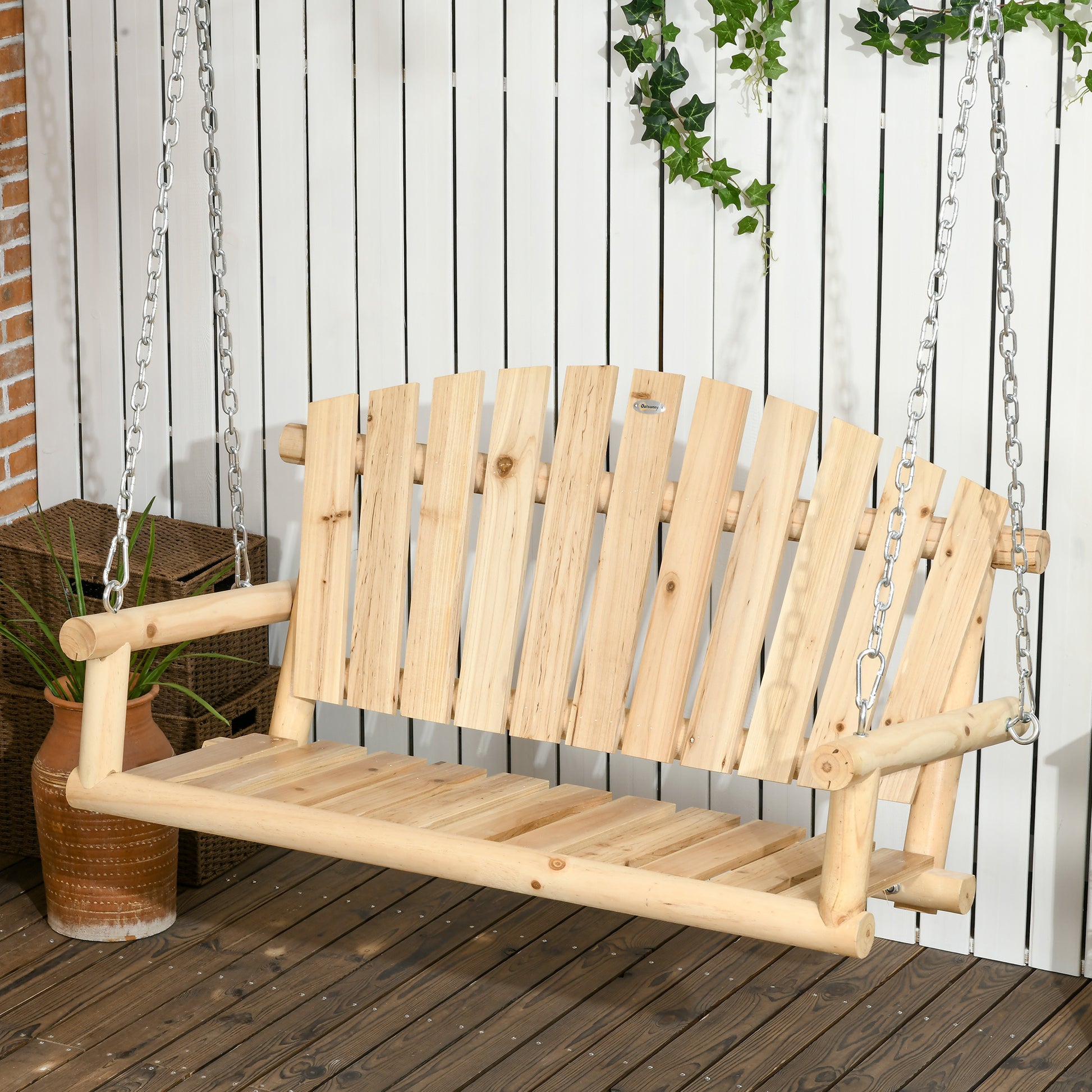 Outsunny 2 Seater Porch Swing, Hanging Outdoor Swing Bench With Metal Chains For Deck, Patio, Garden, Backyard Natural Wood Wood