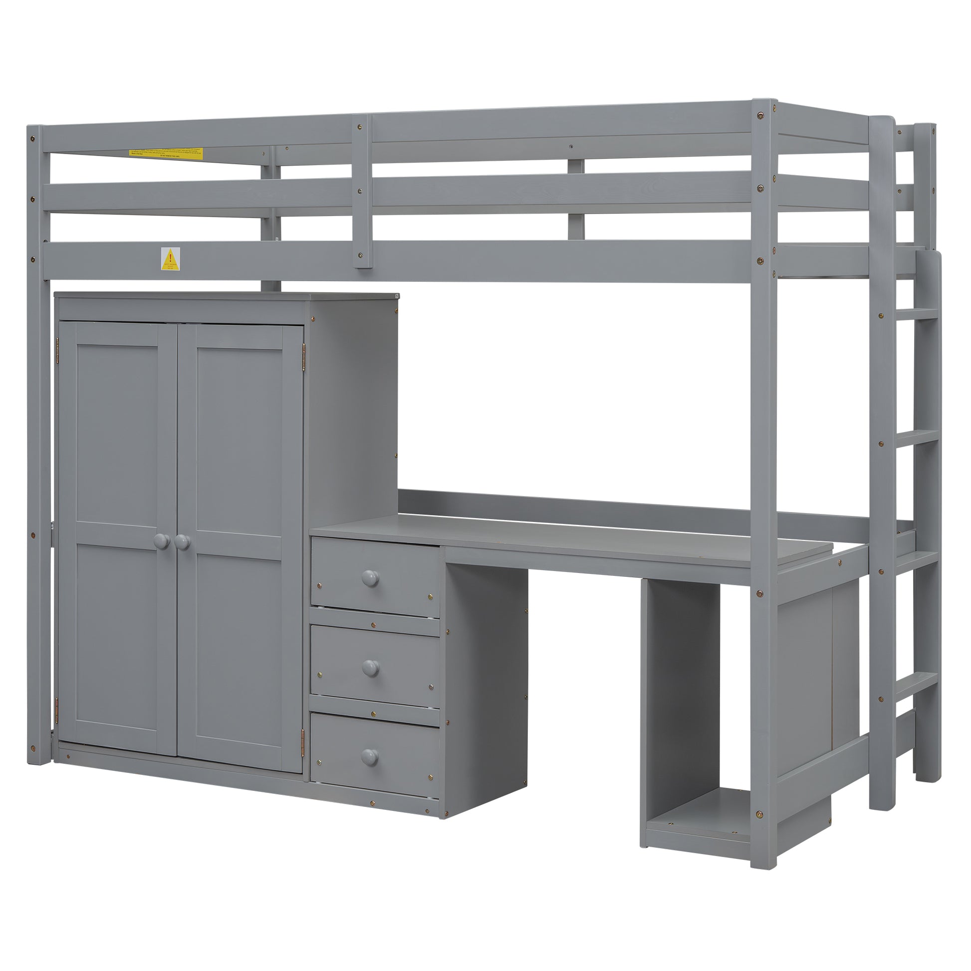 Twin Size Loft Bed With Wardrobe, Desk And Storage Drawers, Gray Twin Gray Pine