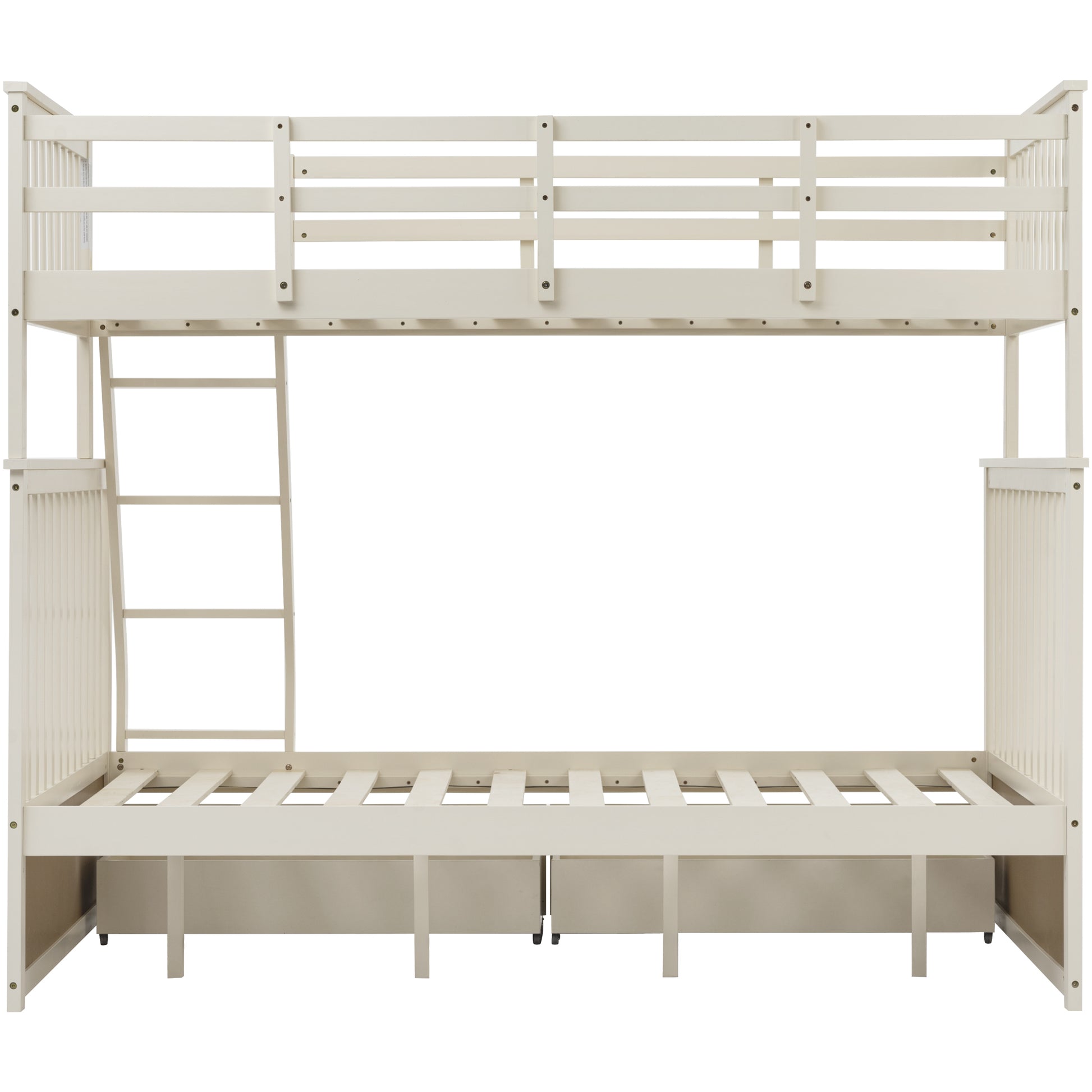 Twin Over Full Bunk Bed With Storage Drawers, Wooden Bunk Bed With Ladder And Safety Guard Rails Cream Full Cream Wood