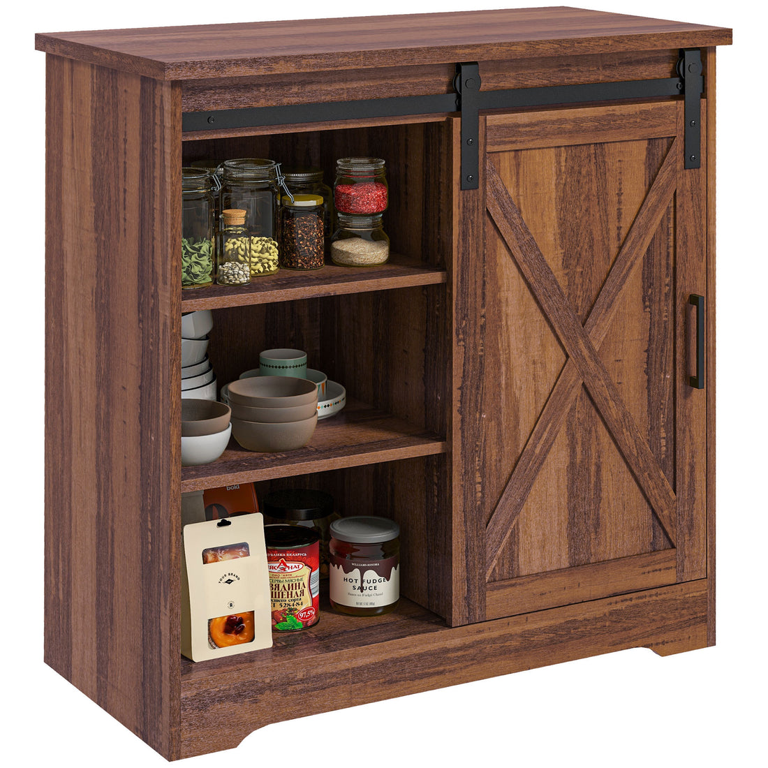 Homcom Farmhouse Coffee Bar Cabinet, 33" Buffet Sideboard With Sliding Barn Door And Adjustable Shelf, Kitchen Buffet Cabinet, Brown Brown Particle Board