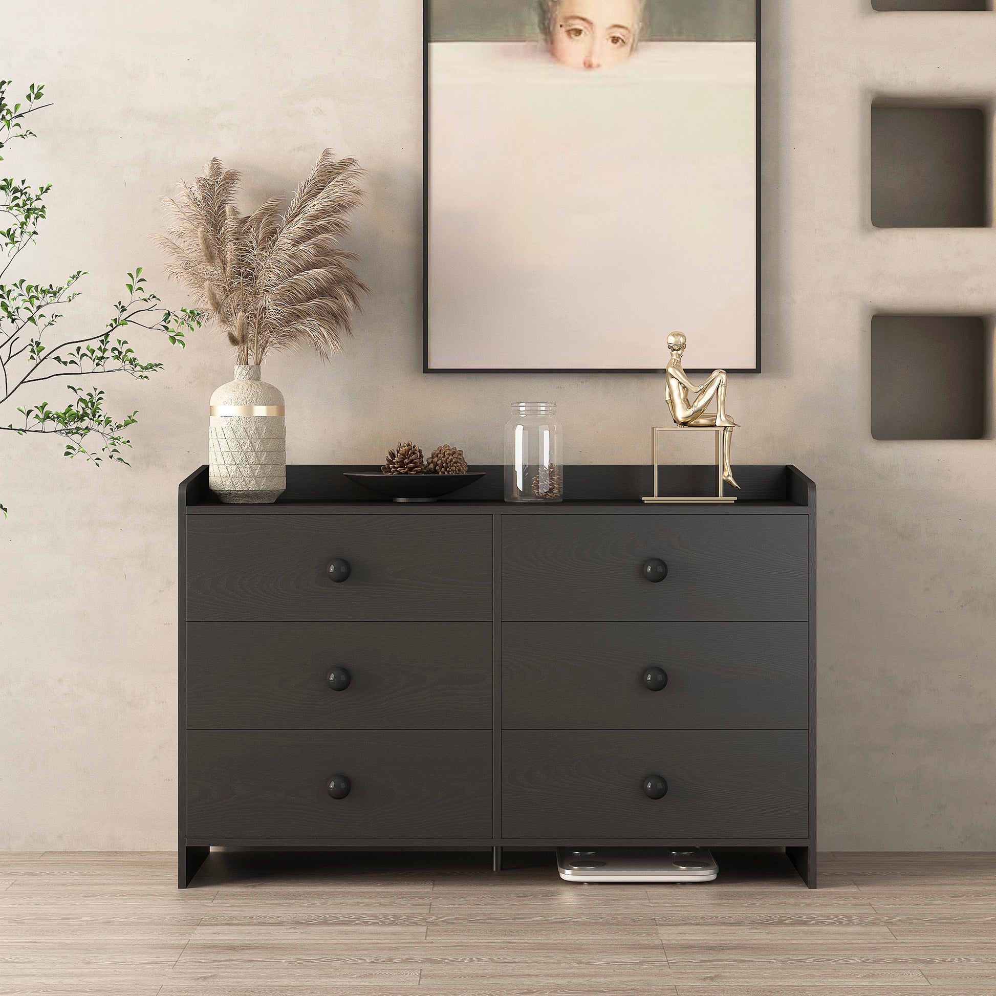 Chest Of Drawers Black Dresser6 Drawer Chest With Wide Storage, Modern Contemporary 6 Drawer Cabinet, Dresser For Bedroom Living Room Hallway Black Mdf