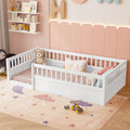 Twin Floor Bed Frame With Fence, Wood Kids Floor Beds Frame For Bedroom Playroom,White Twin White Pine