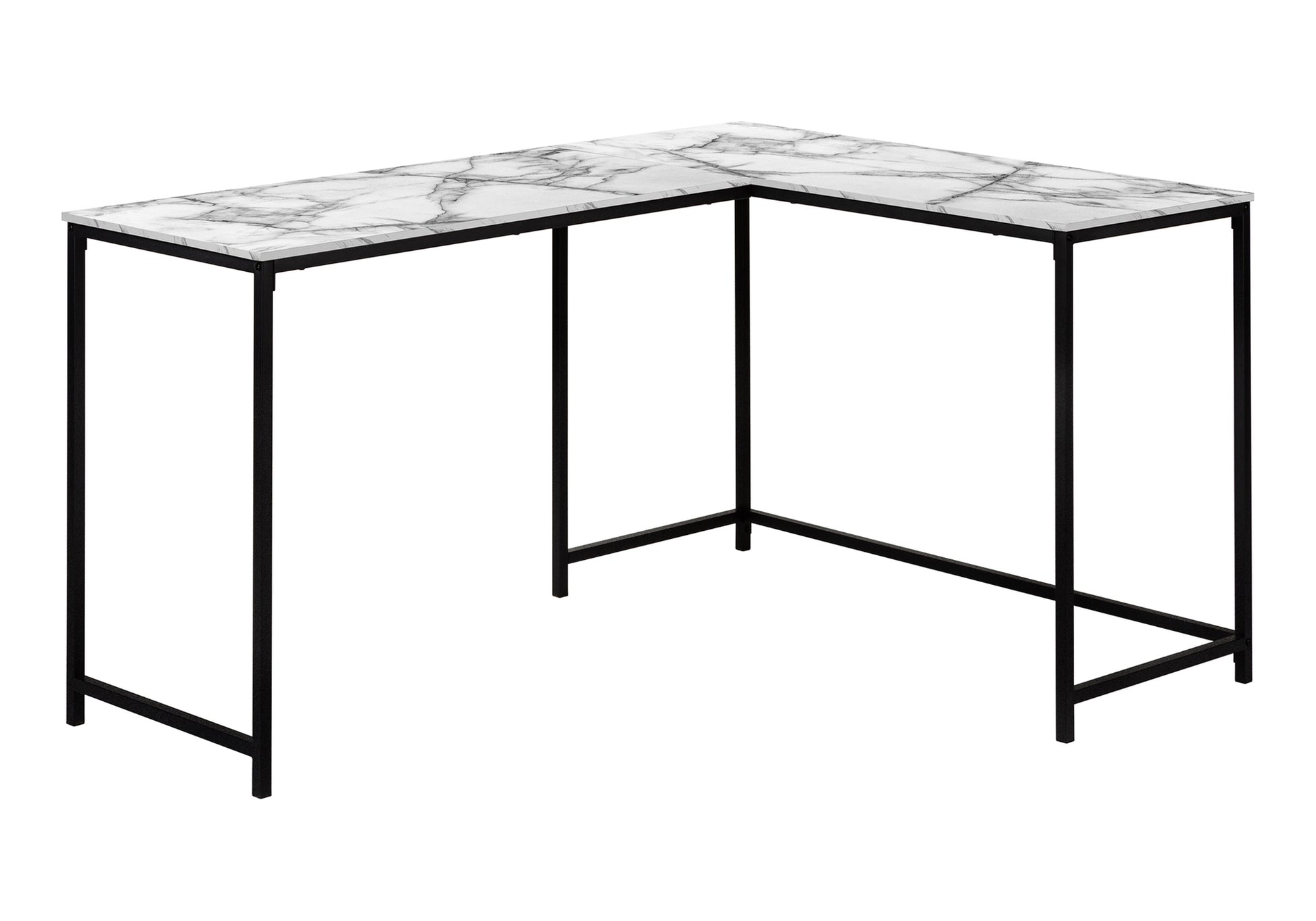 Computer Desk, Home Office, Corner, 58"L, L Shape, Work, Laptop, White Marble Look Laminate, Black Metal, Contemporary, Modern White Particle Board