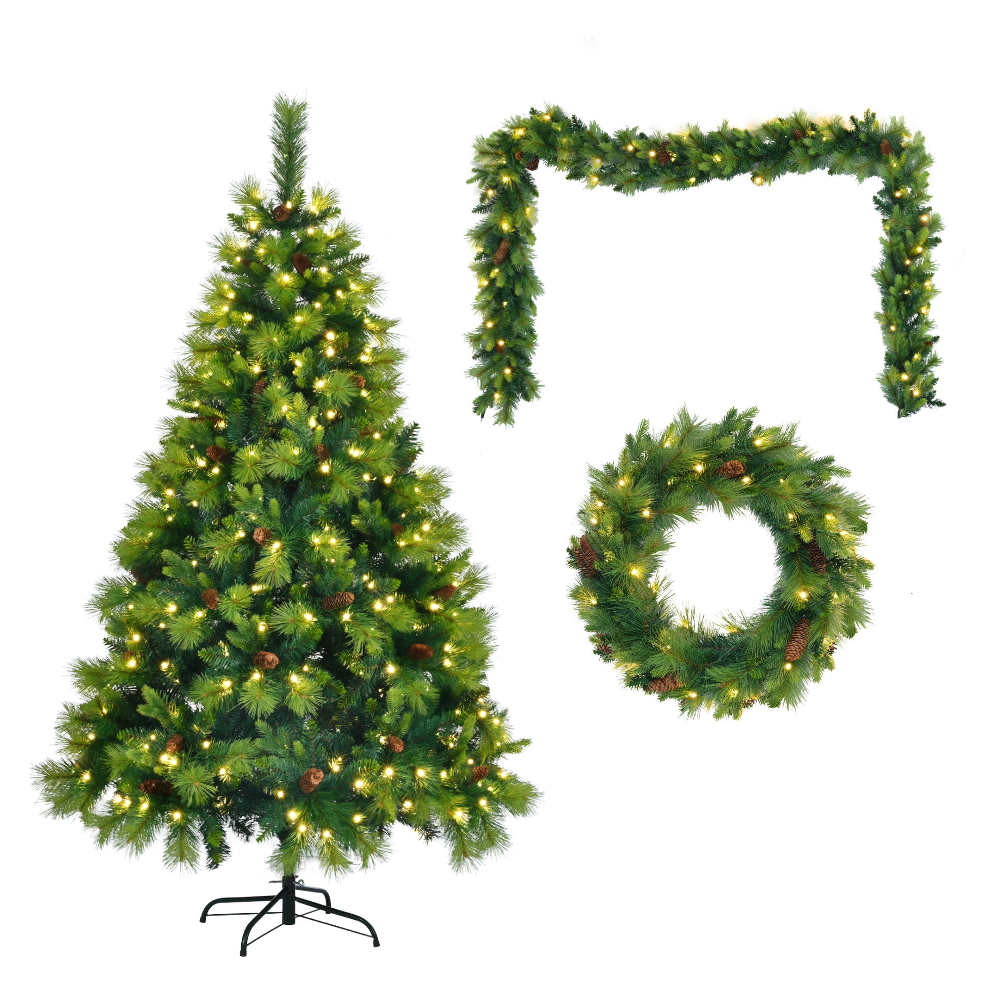 6Ft Grass Green Christmas Tree, Large Branches Pine Tree, Pre Lit Set With Tree & Garland & Wreath, Artificial Christmas With Pine Cones, Hinged Xmas Treefor Holiday Party Ofiice Home Green Polyethylene,Pvc