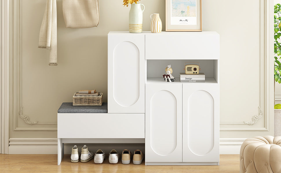 Elegant 2 In 1 Shoe Cabinets With Soft Cushion, Modern Storage Bench With Arched Doors & Rebound Devices, Versatile Shoe Rack Organizer With Adjustable Shelves For Hallway, Living Room, White White