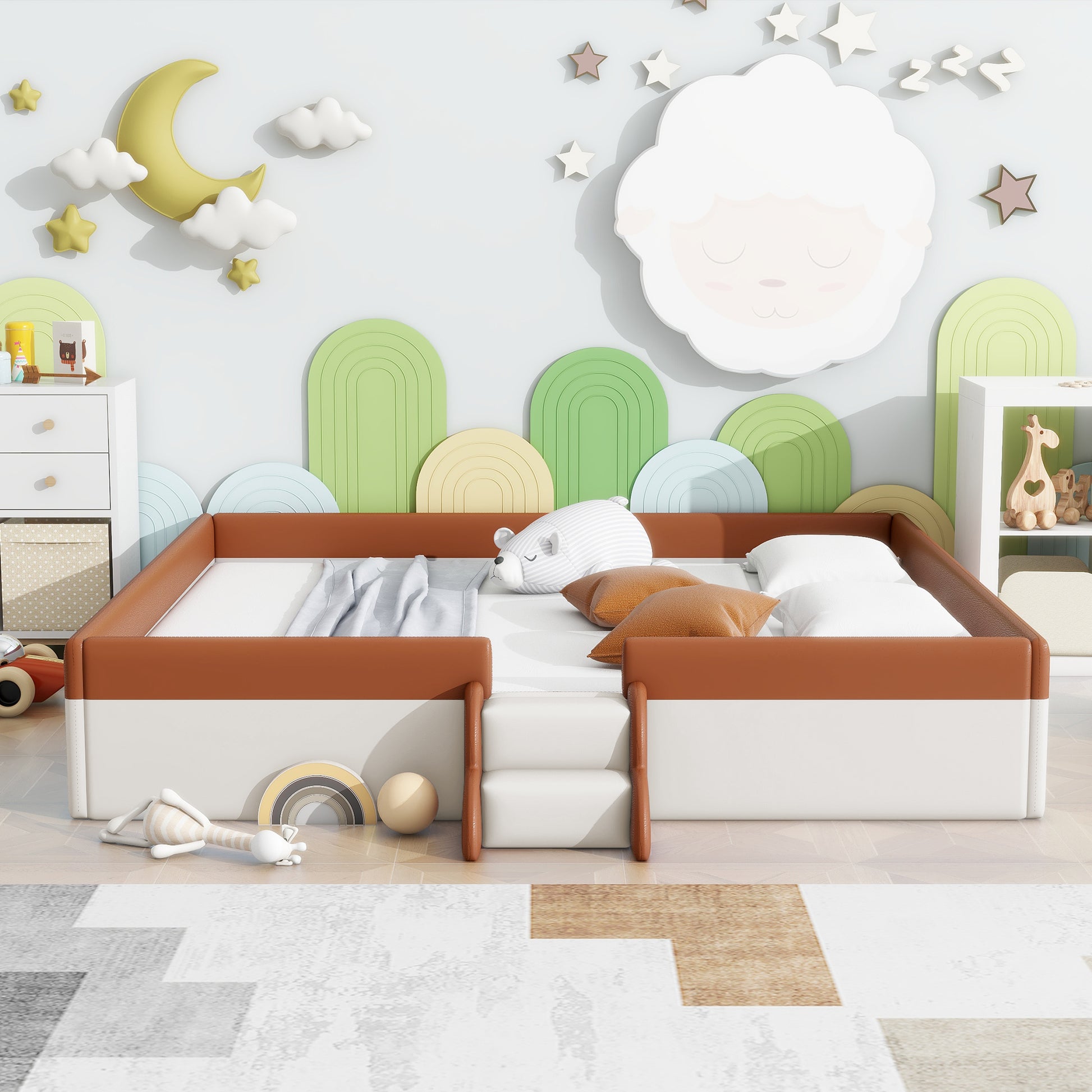 King Size Upholstered Daybed Frame With Fence And Stairs, Brown White King Brown White Mdf Lvl