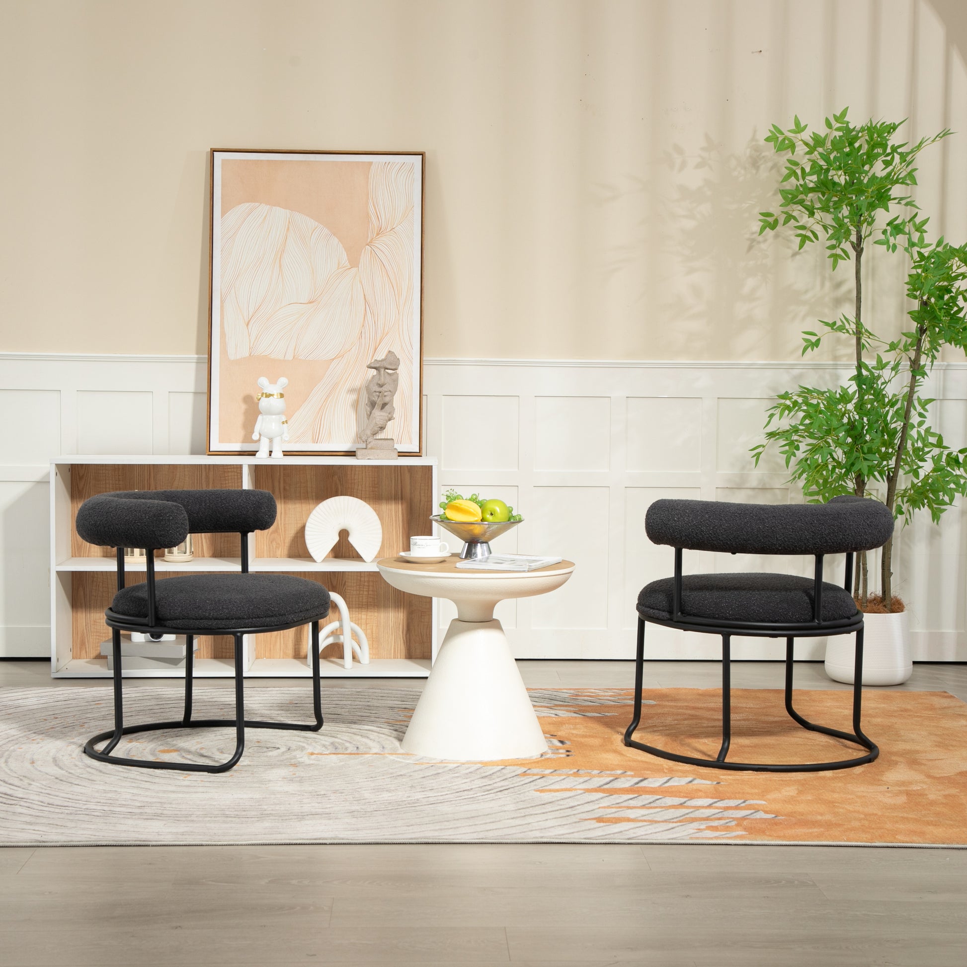 Coolmore Boucle Dining Chairs Set Of 2, Mid Century Modern Curved Backrest Chair, Round Upholstered Kitchen Chairs Carbon Black Boucle Carbon Black Foam Mdf Metal
