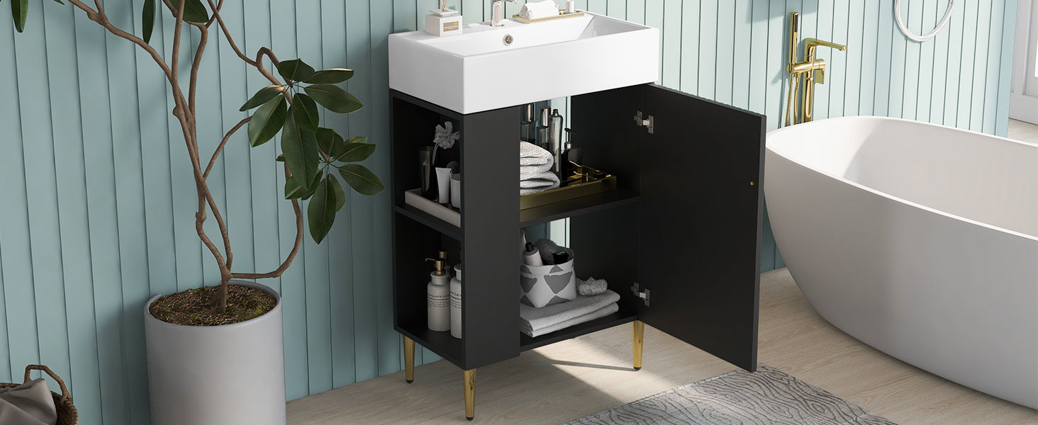 21.6" Black Bathroom Vanity, Combo Cabinet, Bathroom Storage Cabinet, Single Ceramic Sink, Left Side Storage Black Bathroom Ceramic Mdf