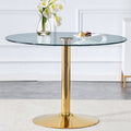 A 39.7 Inch Diameter Glass Top And A Modern, Minimalist Round Dining Table With Gold Metal Legs. Ideal For Dining Rooms, Living Rooms And Meeting Rooms. Model: Dt 1166 Gold Glass Metal