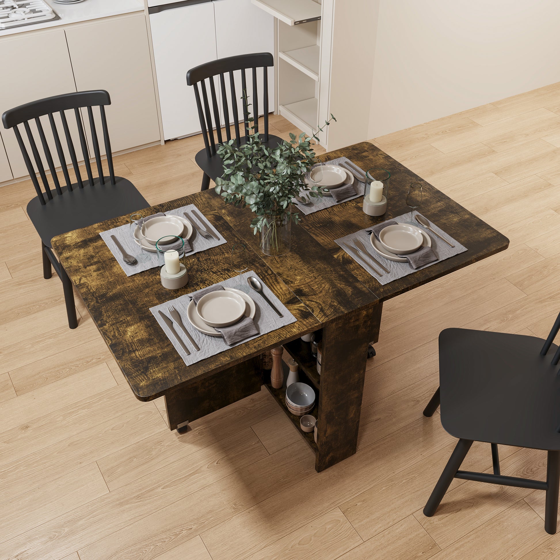 2407 Black Brown Foldable Dining Table, Fully Unfolded 51.18 Inches, Suitable For Small Family Tables Or Display Tables. Brown Mdf