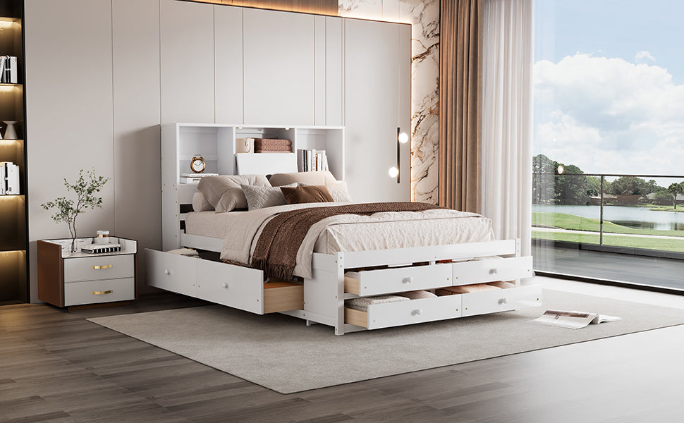 Queen Size Platform Bed With Storage Headboard And 8 Drawers, White Box Spring Not Required Queen White Wood Bedroom Bed Frame Solid Wood Mdf