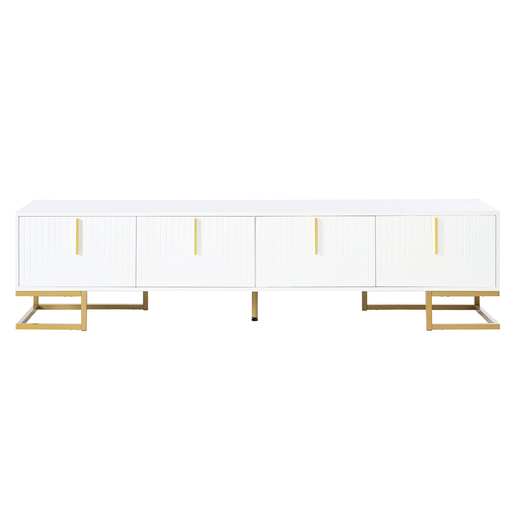 Modern Tv Stand With Metal Legs And Gold Handles For Tvs Up To 80'', Media Console Table With Cabinets And Adjustable Shelves, Luxury Tv Cabinet With Geometric Lines For Living Room, White White Gold Primary Living Space 80 89 Inches 80 89 Inches 80