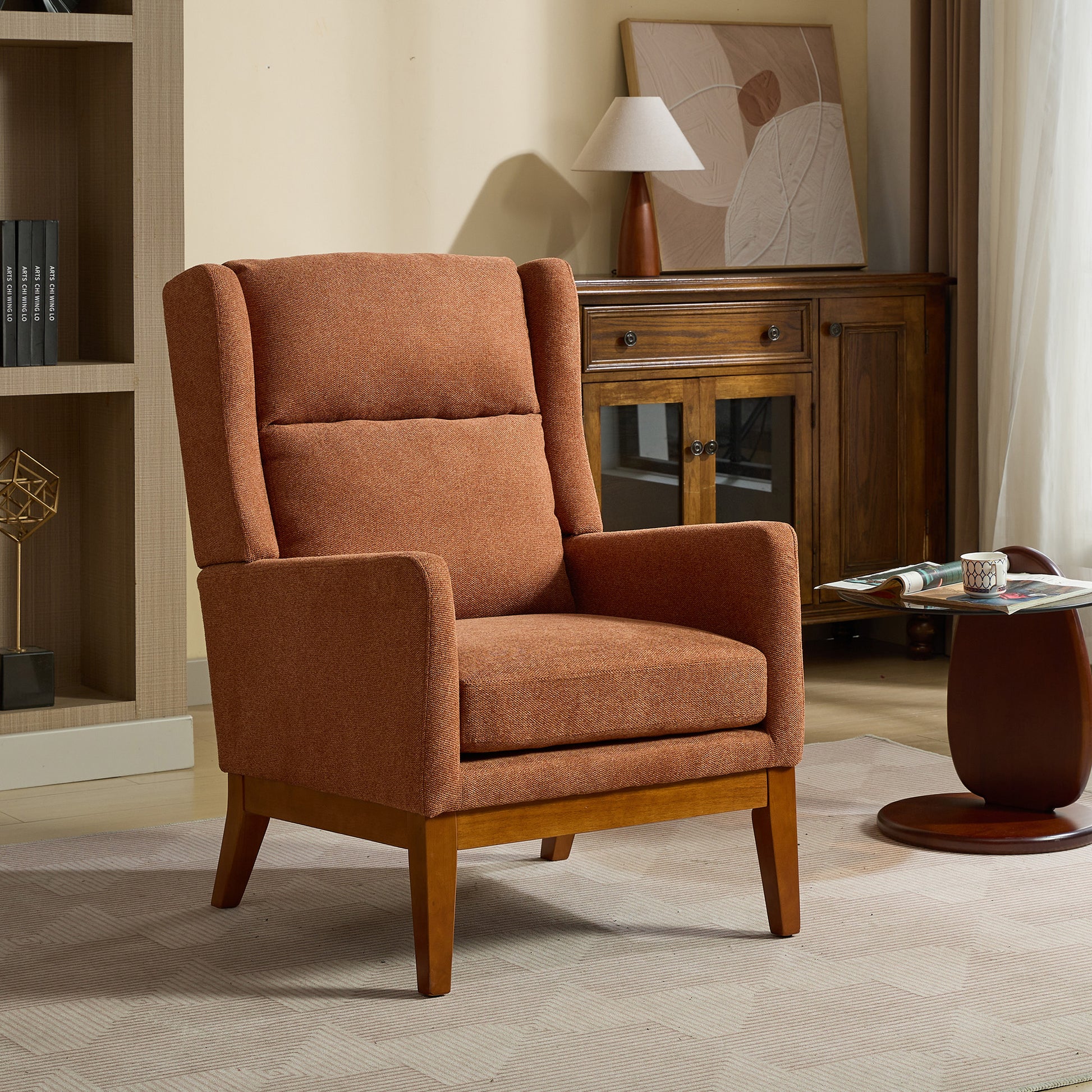 26.18" Wide Modern Accent Chair,Polyester Blend High Back Reading Chair ,Upholstered Armchair Club Chair,Single Sofa With Wood Legs For Living Room,Bedroom,Reading Room,Office,Orange Orange Foam
