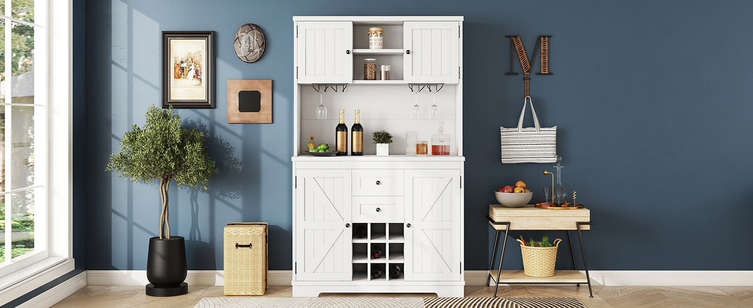 Coffee Bar Cabinet Kitchen Cabinet With Storage, Farmhouse Wine Cabinet With Drawers Shelves And Cabinets, Buffet Cabinet Wine & Glass Racks For Dining Room, White Off White Particle Board Mdf