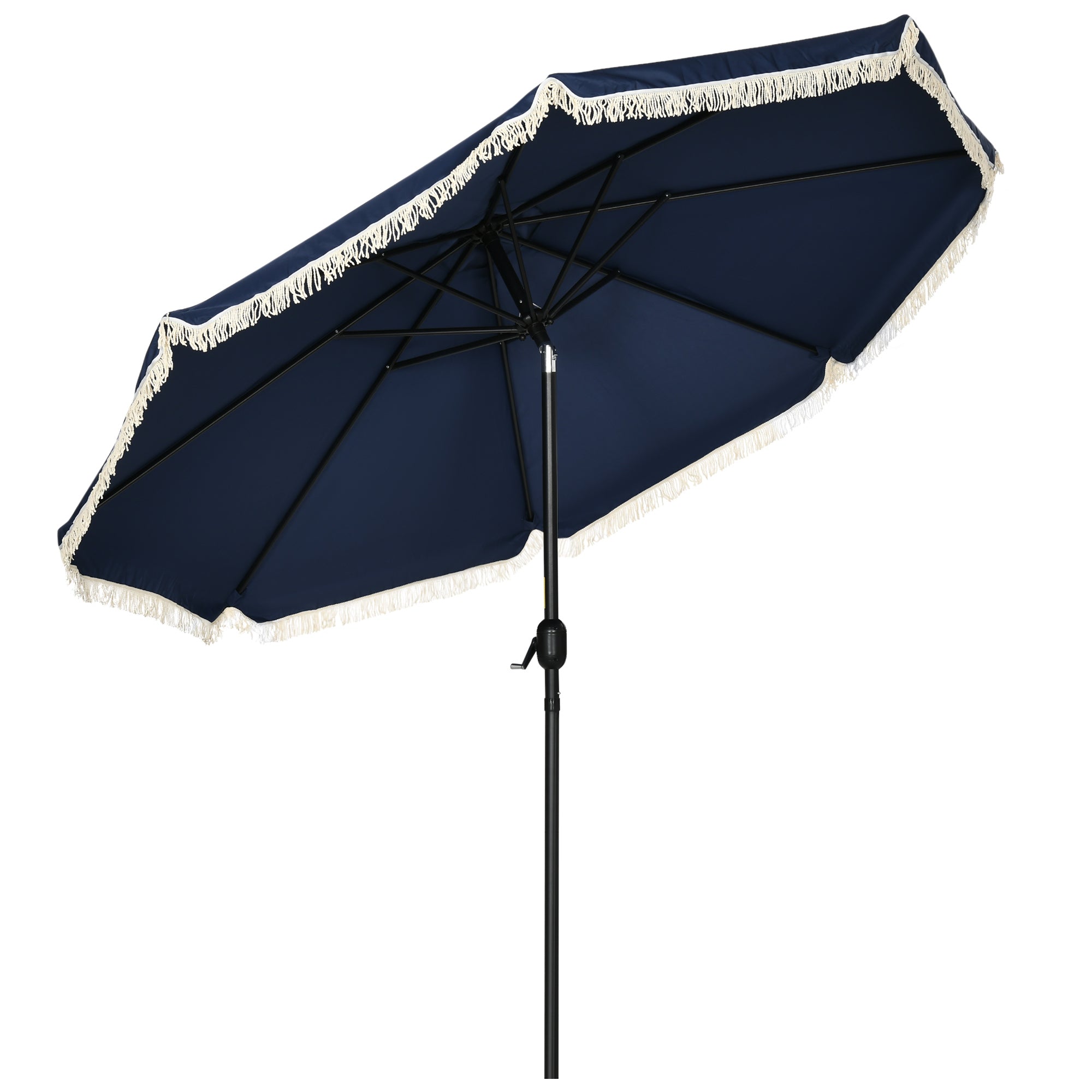 Outsunny 9Ft Patio Umbrella With Push Button Tilt And Crank, Ruffled Outdoor Market Table Umbrella With Tassles And 8 Ribs, For Garden, Deck, Pool, Dark Blue Dark Blue Polyester