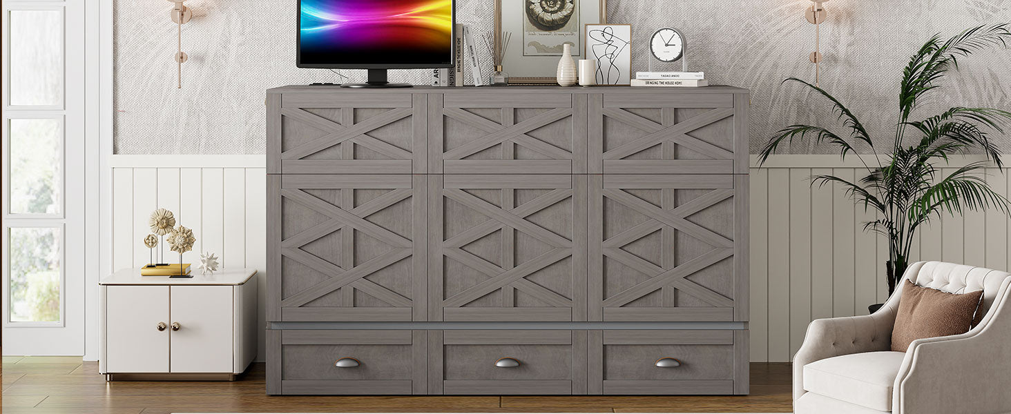 Queen Size Murphy Bed With Large Drawers,Brushed Gray Queen Gray Plywood