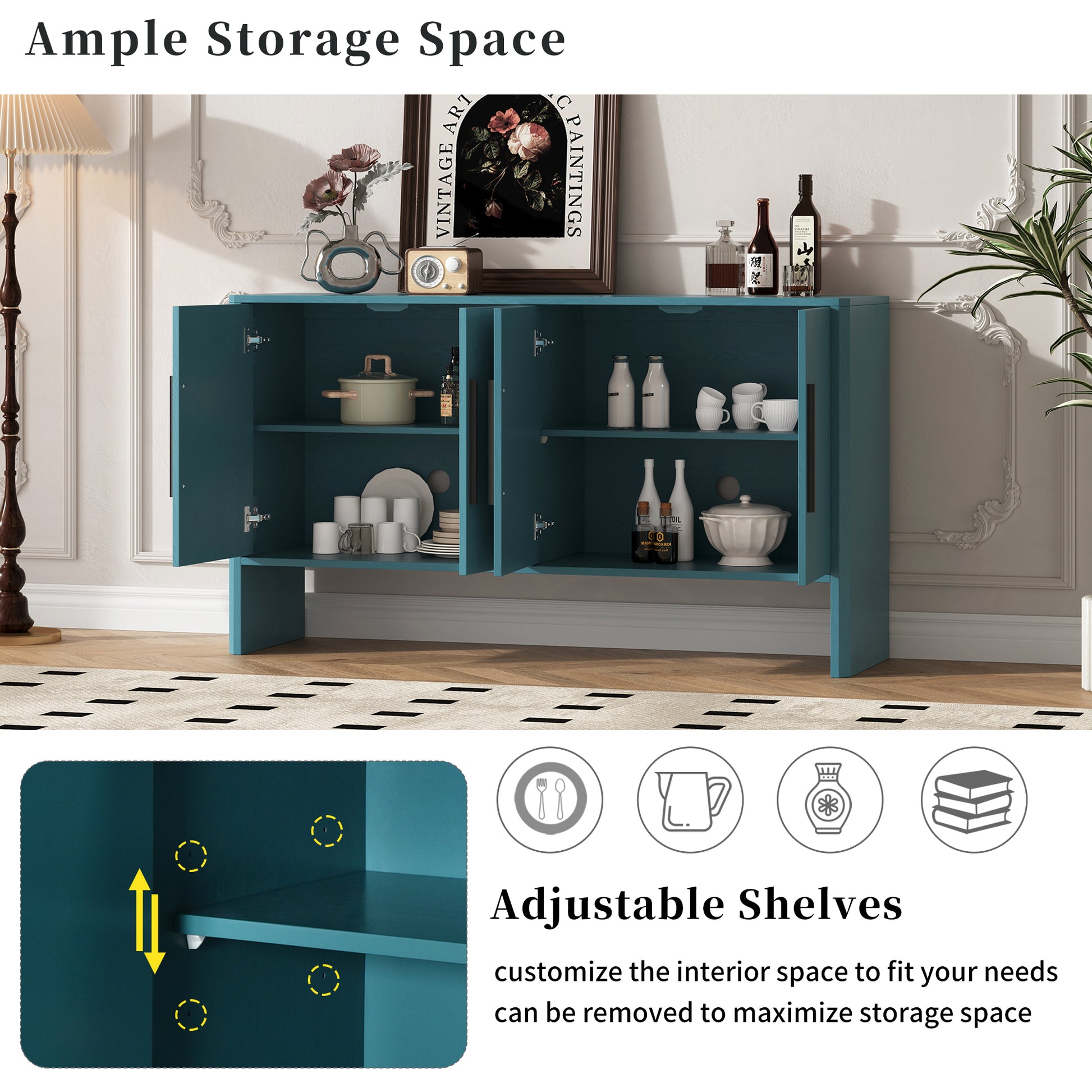 4 Door Large Storage Retro Sideboard With Adjustable Shelves And Long Handles For Kitchen, Dining Room And Living Room Antique Blue Antique Blue Mdf