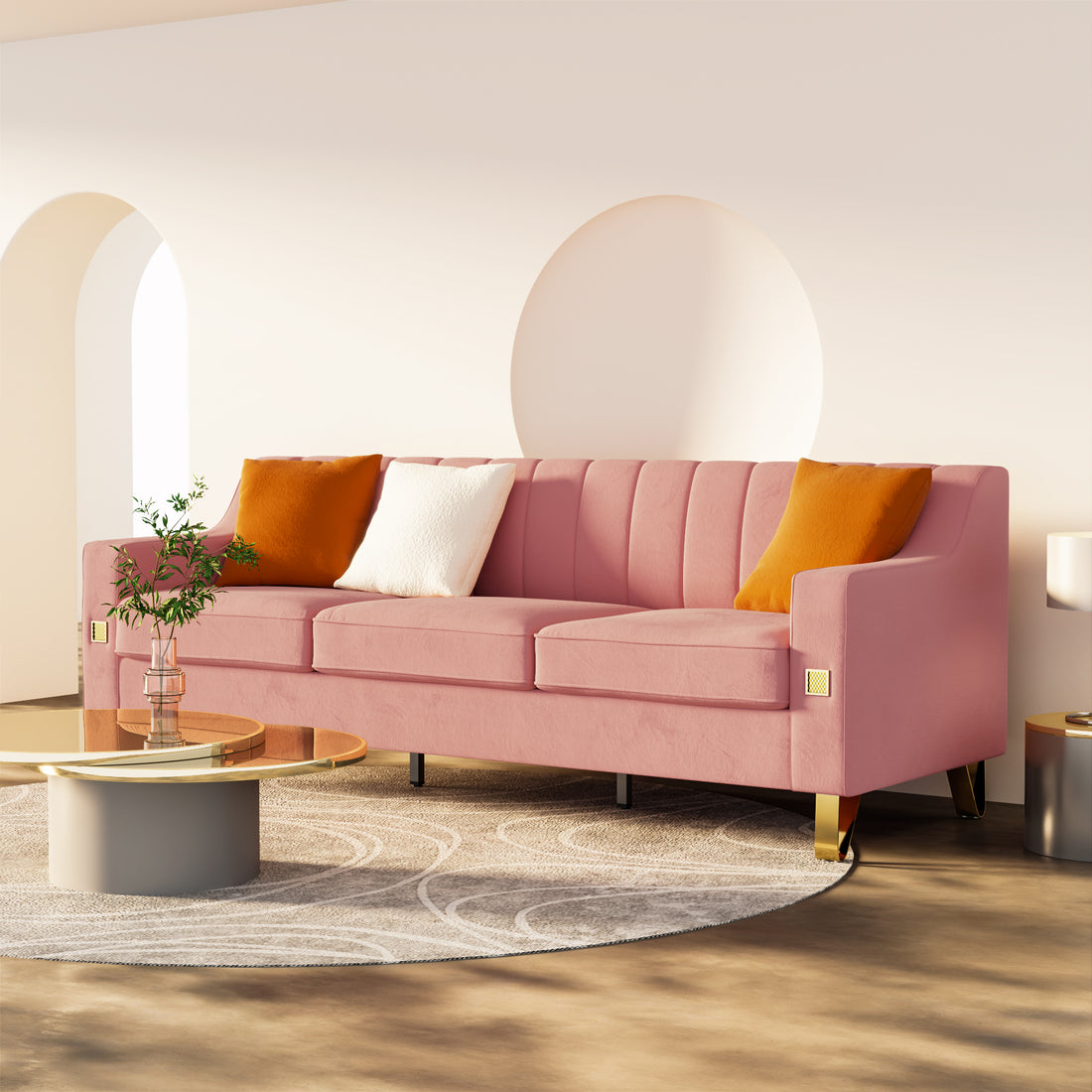 Fx P85 3S Pk 3 Seats Sofa Luxury Pink Velvet Sofa With Gold Accents Modern 3 Seat Couch With Plush Cushions, Perfect For Living Room And Office Decor Temu Suitable Pink Velvet 3 Seat