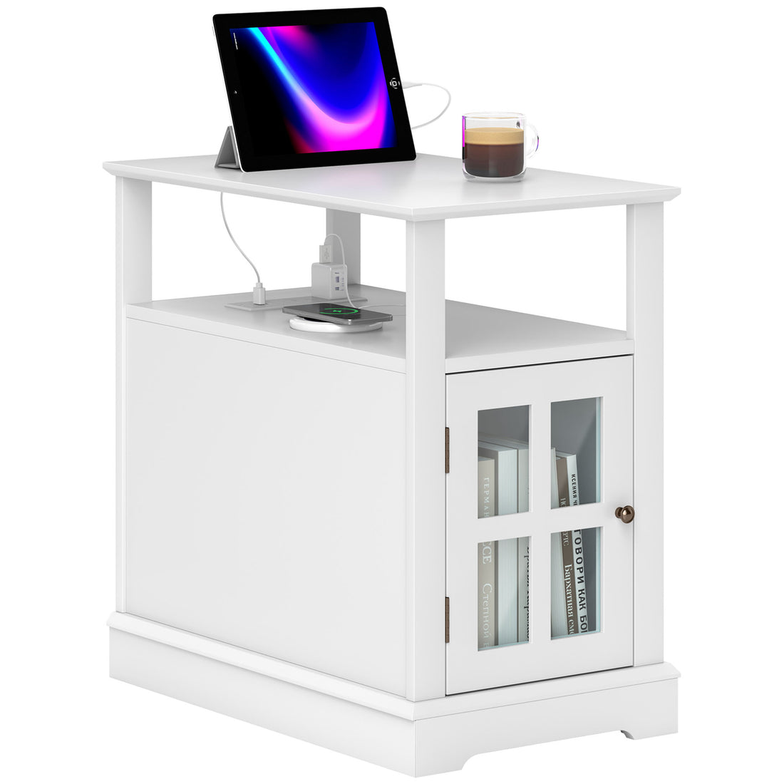 Homcom End Table With Charging Station, Narrow Side Table With Usb Ports And Outlets, Small Table With Hidden Storage And Open Shelf For Living Room, White White Mdf