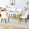Table And Chair Set.Modern Minimalist Dining Table. White Imitation Marble Pattern Sintered Stone Desktop With Golden Metal Legs.Paried With 4 Comfortable Chairs With Pu Seats And Black Metal Legs.