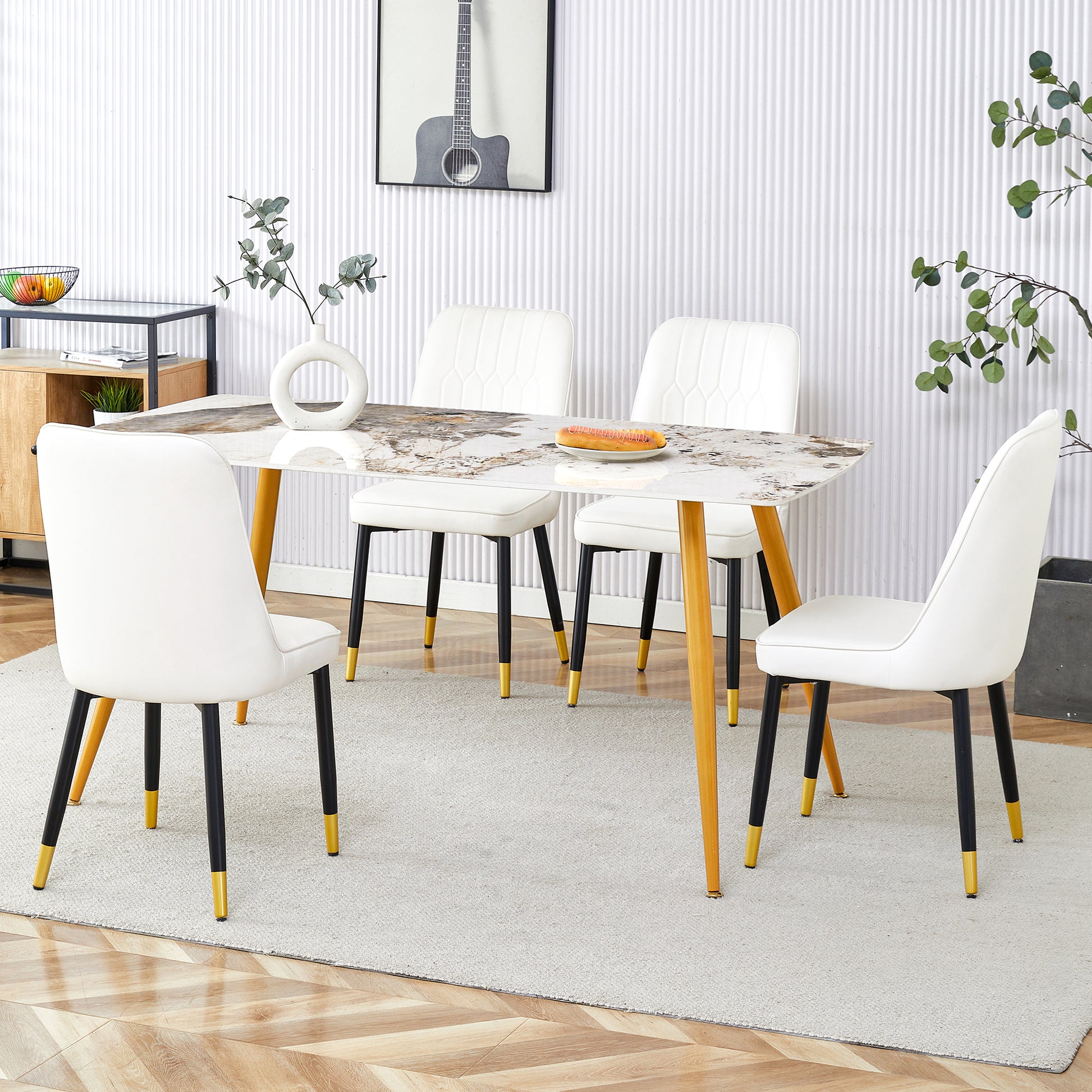 Table And Chair Set.Modern Minimalist Dining Table. White Imitation Marble Pattern Sintered Stone Desktop With Golden Metal Legs.Paried With 4 Comfortable Chairs With Pu Seats And Black Metal Legs.
