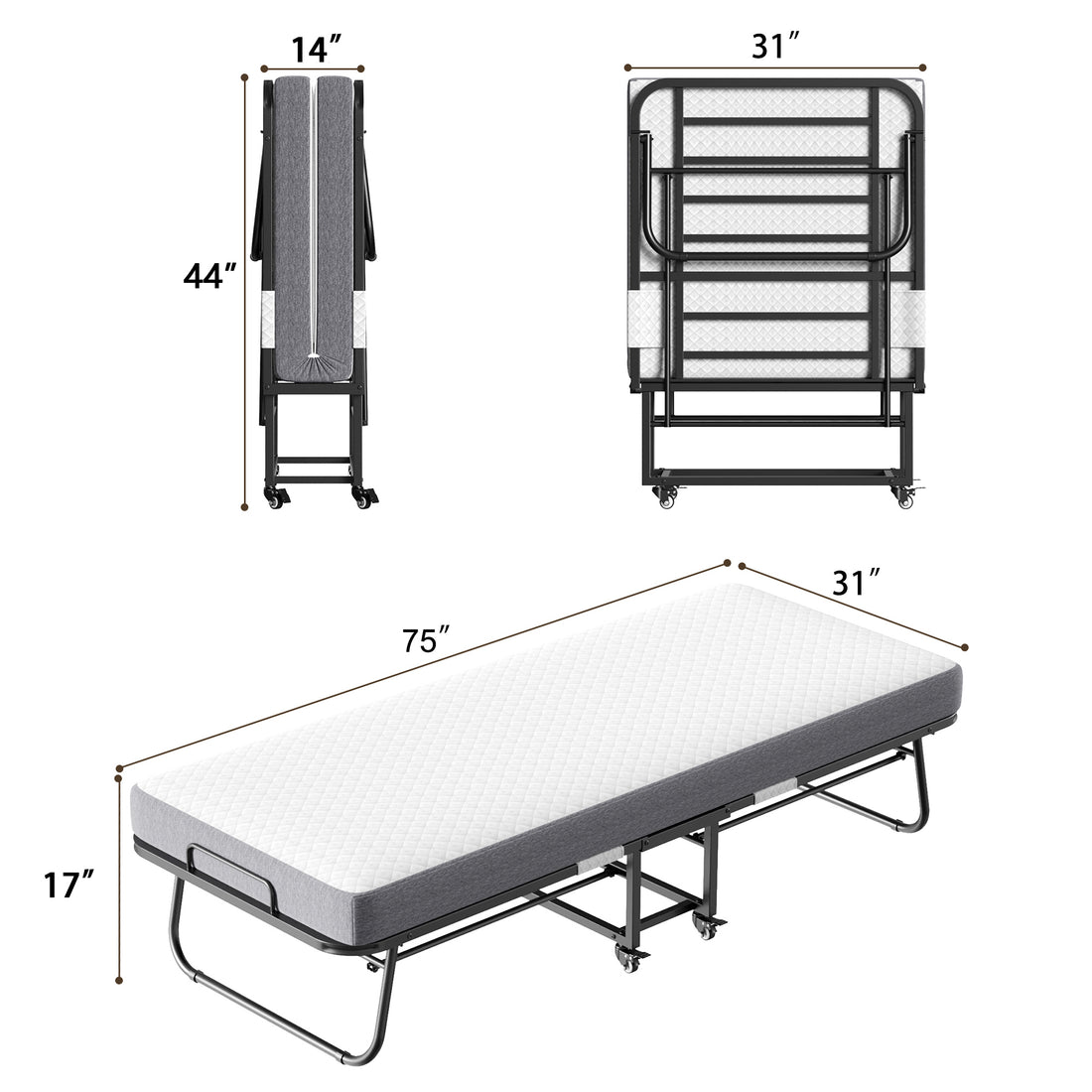 Folding Bed With Mattress 75" X 31" Rollaway Guest Bed Portable Foldable Bed For Adults With 5" Memory Foam Mattress Space Saving Sturdy All Metal Steel Pipe Frame Twin Black Iron Modern Polyester Iron