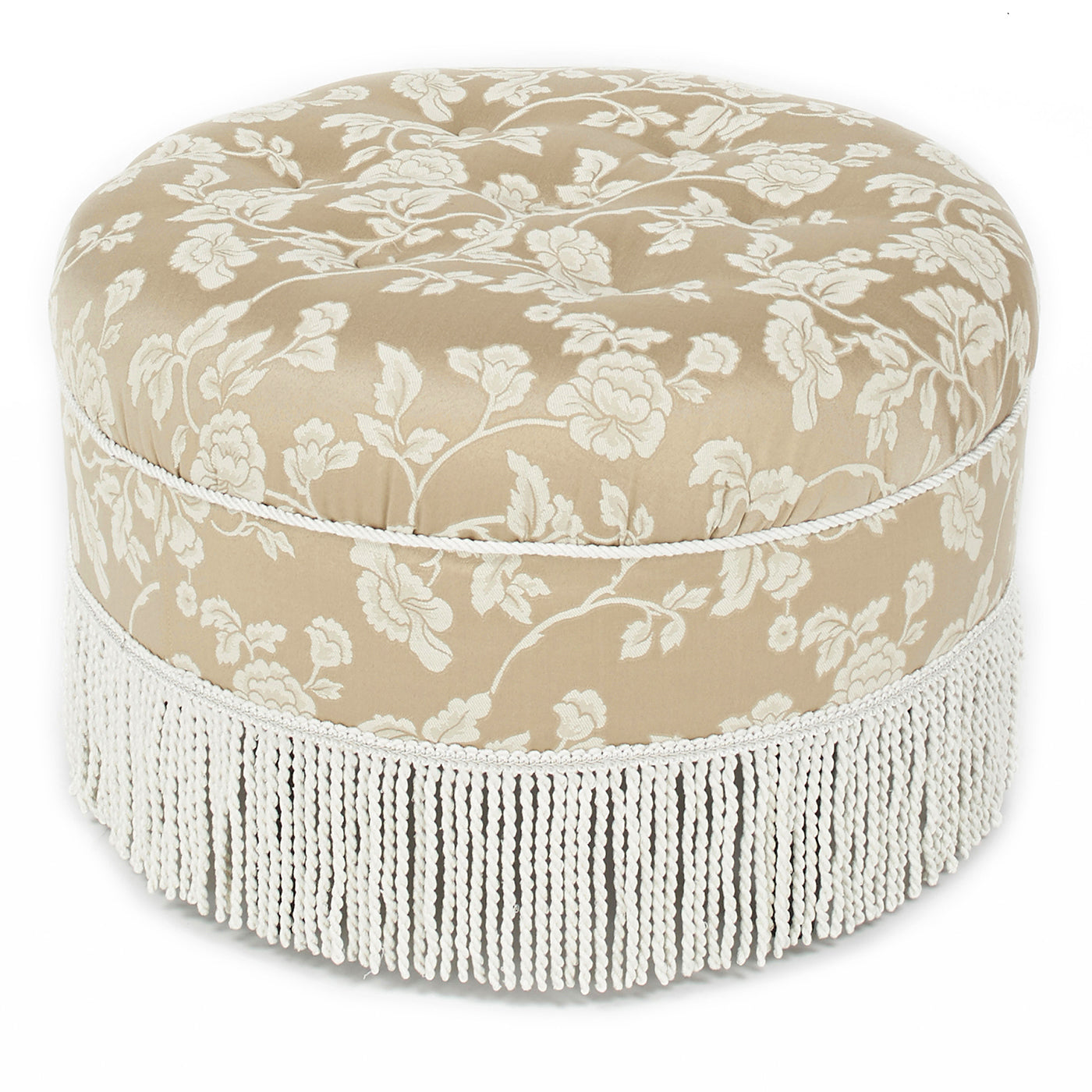 Yolanda 24" Round Upholstered Accent Ottoman, Champagne Beige Floral Jacquard With Ivory Trim Beige Foam Fabric