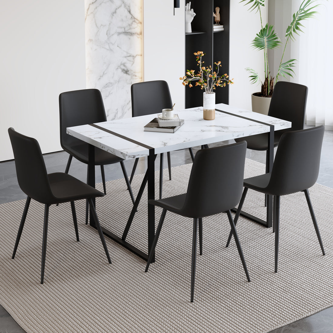 Table And Chair Set.A Modern Minimalist White Marble Veined Mdf Dining Table With Metal Frame.Paried With 6 Chairs With Pu Cushions And Black Metal Legs. Black,White Seats 6 Mdf Metal