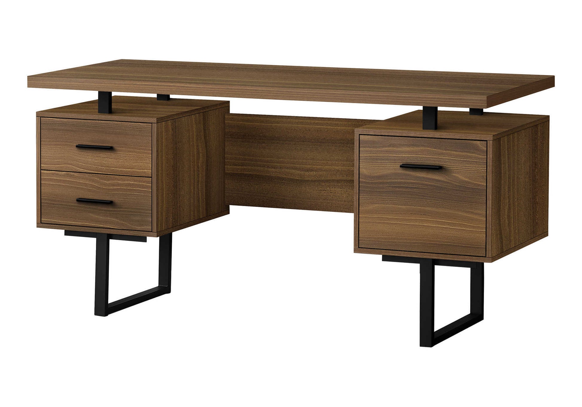 Computer Desk, Home Office, Laptop, Left, Right Set Up, Storage Drawers, 60"L, Work, Walnut Laminate, Black Metal, Contemporary, Modern Walnut Particle Board