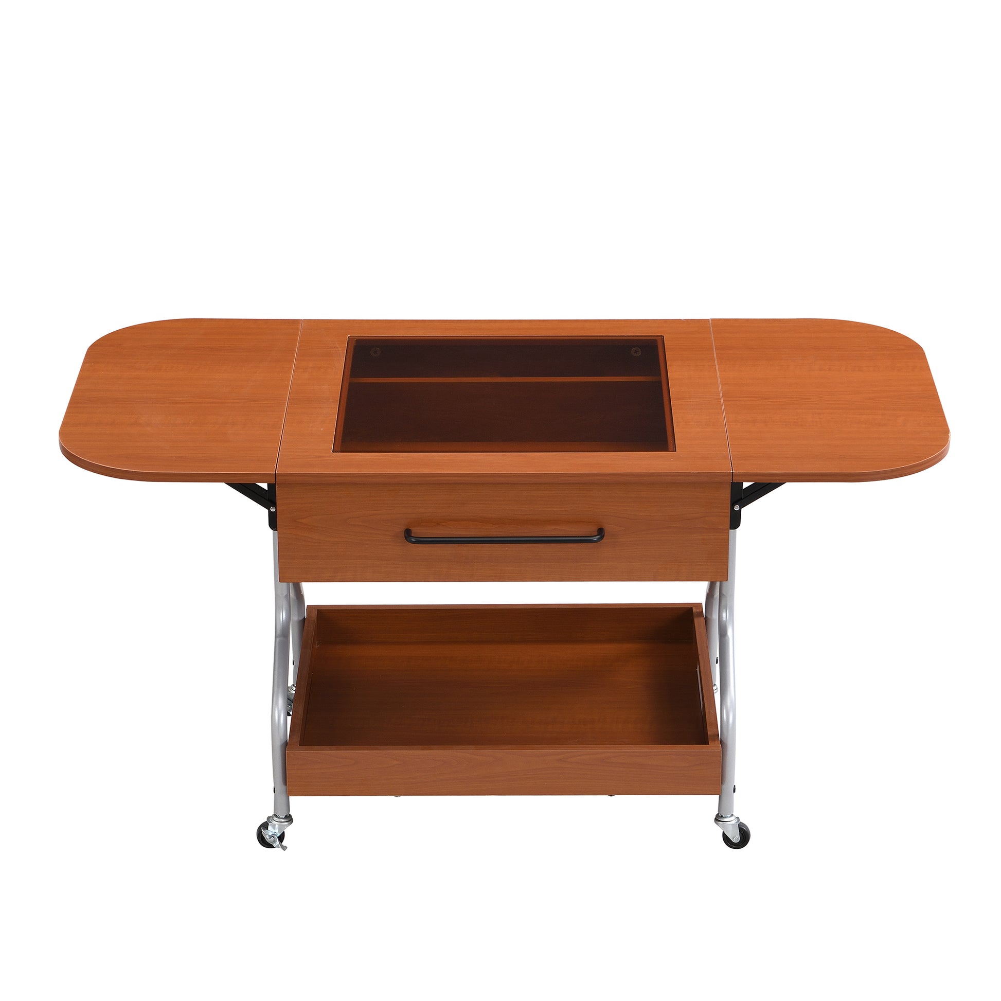 Modern Extended Coffee Table With Wheels, Folding Coffee Table With 1 Drawer And 2 Tier Storage, Metal Frame Coffee Table For Living Room Mahogany Glass,Mdf Metal