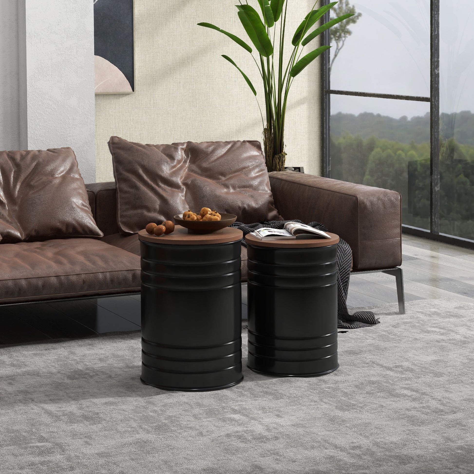 Homcom Nesting Storage Ottomans Set Of 2 With Lids, Hidden Space Black Metal