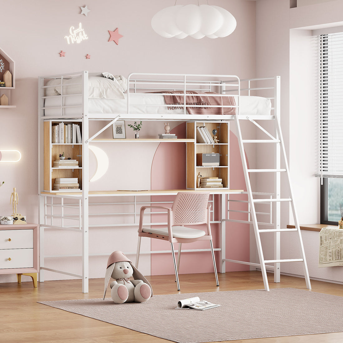 Twin Size Loft Bed With Desk And Shelfloft Bed With Ladder,Twin,White Twin White Metal