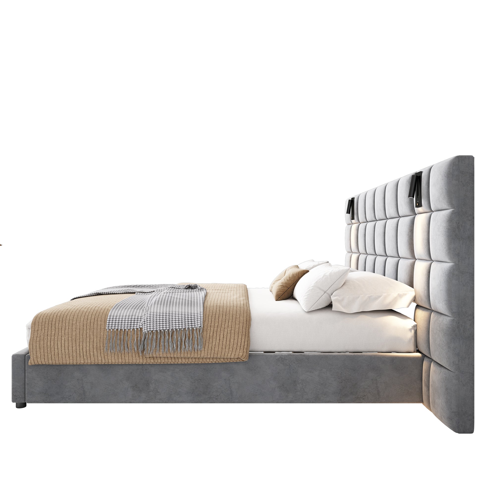 Upholstered Queen Bed,With Reading Lamp And Usb Port, Wide Headboard,Without Bedside Tables And Mattress, Velvet, Grey Queen Grey Wood Foam,Upholstered,Velvet