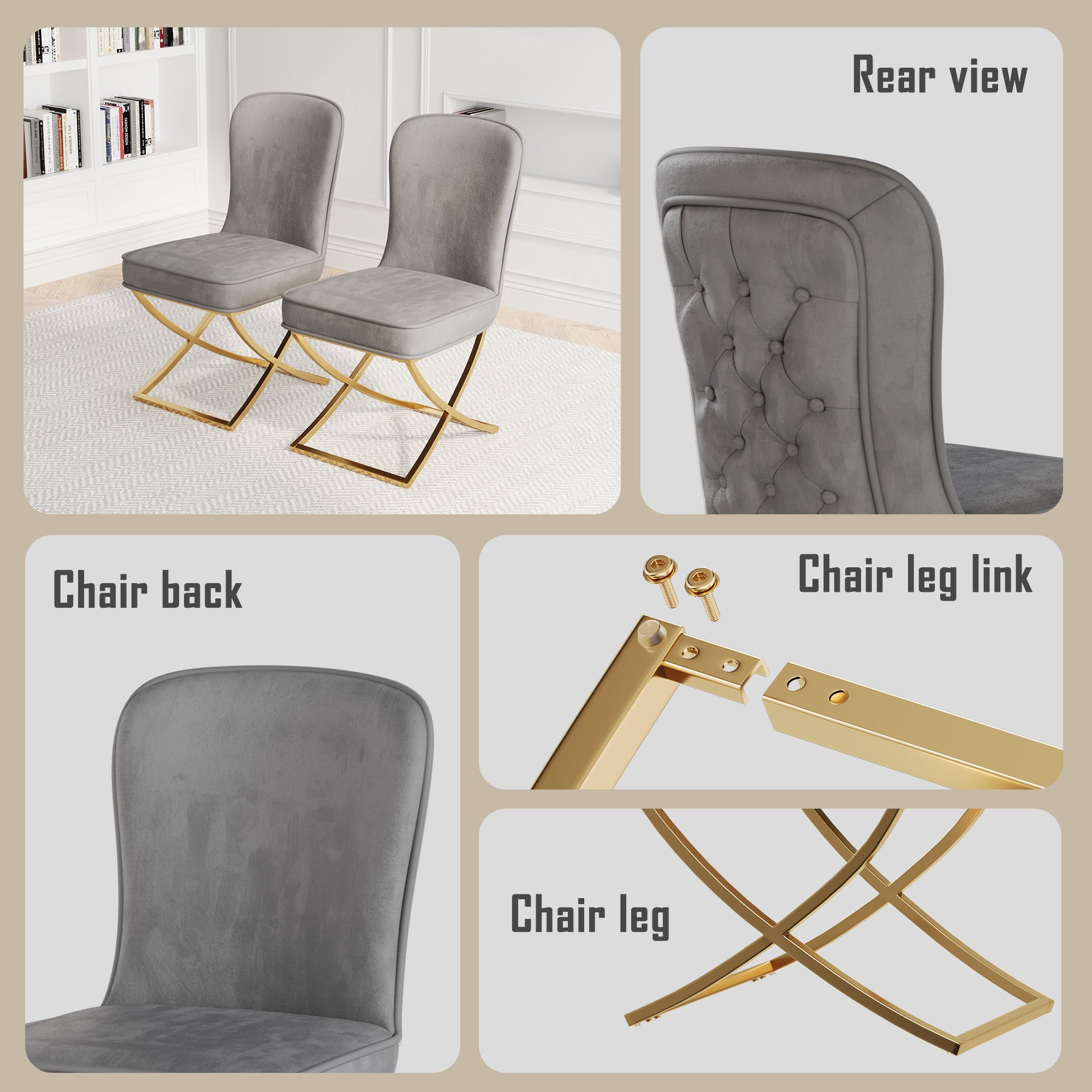 Dining Chair Set Of 2, Grey Velvet Backrest And Golden Metal Legs.For Modern Kitchen Dining Room Chair For Kitchen Living Modern Decorative Leisure Chairs Office Chairs Grey Dining Room Modern Foam Velvet