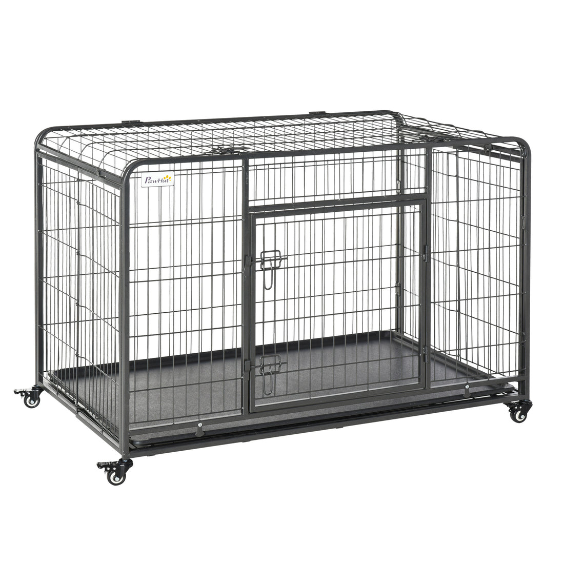 Pawhut Folding Design Heavy Duty Metal Dog Cage Crate & Kennel With Removable Tray And Cover, & 4 Locking Wheels, Indoor Outdoor 49" Gray Metal